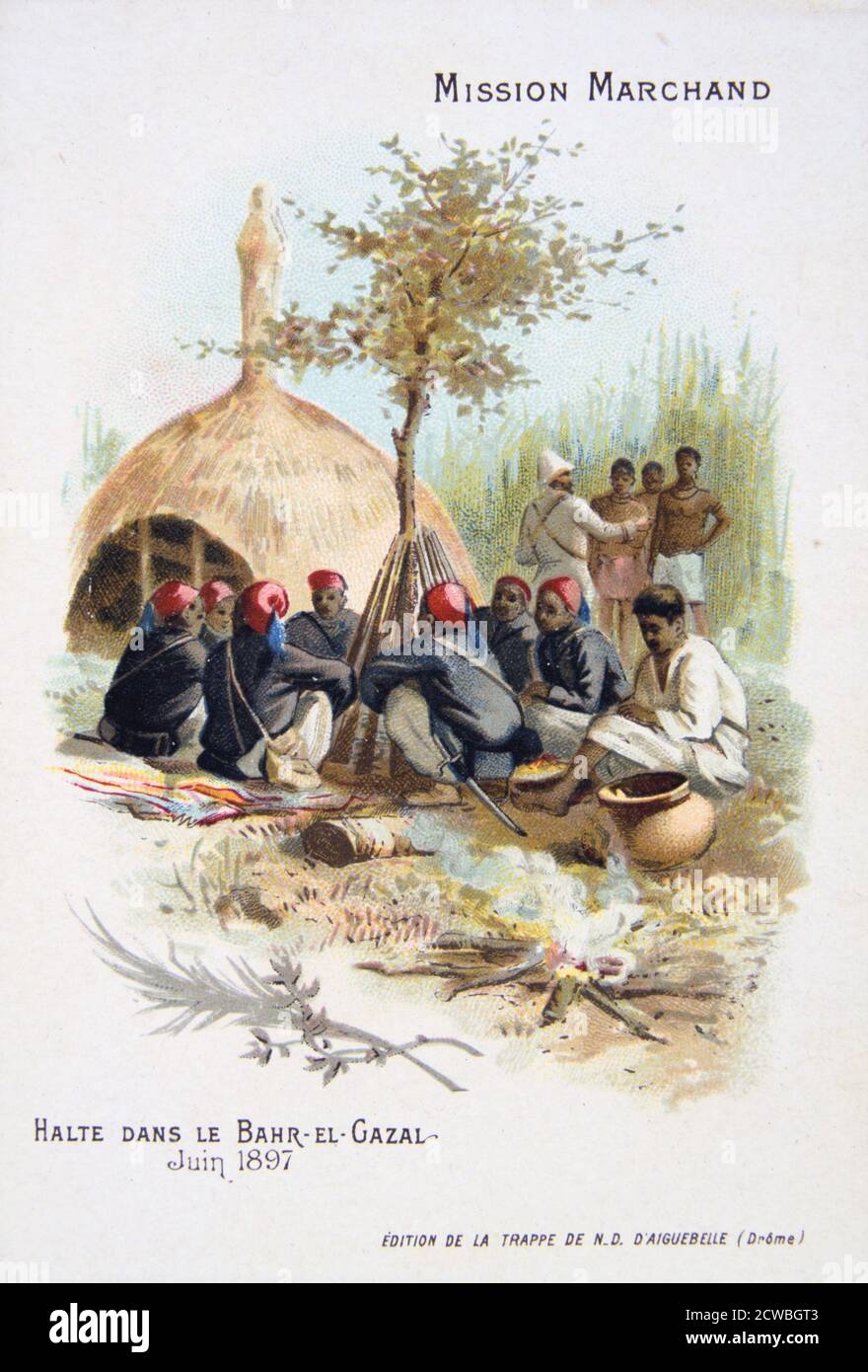 Rest at Bahr-el-Ghazal, June 1897. Scene during a trade mission in Africa in the period of European colonisation. A European and his African porters break their journey. This could have been at the River Bahr-el-Ghazal in what is now Sudan, or the Bahr-el-Ghazal ravine in modern Sudan. At that time large parts of Africa were under French rule. Card produced by the Monastery of Aiguebelle. Stock Photo