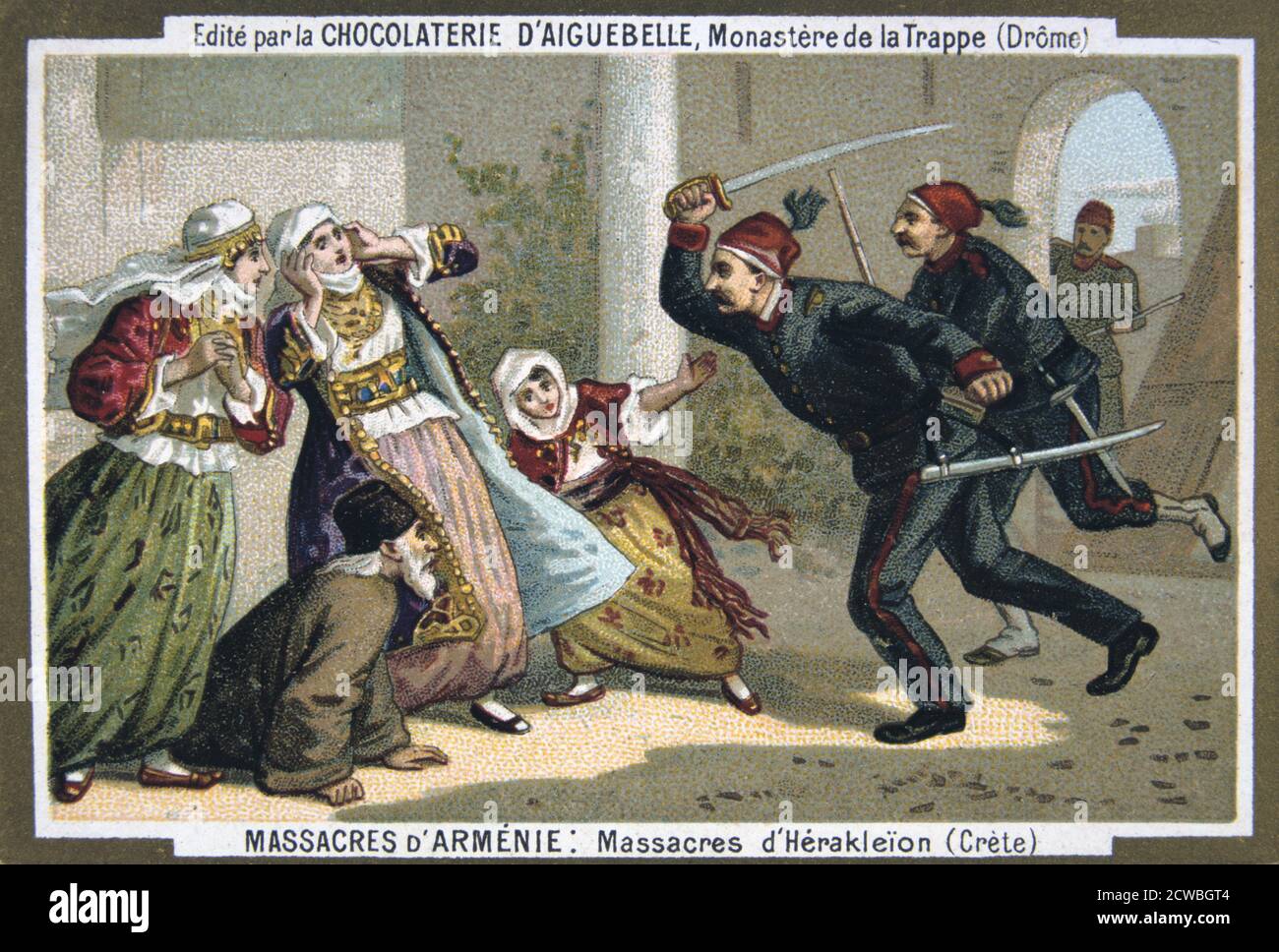 Massacres of Heraklion (Crete), 1895. Eurocentric portrayal of historical events - scene from the Massacres of Armenia card series produced by the chocolate factory at the Monastery of Aiguebelle. Stock Photo