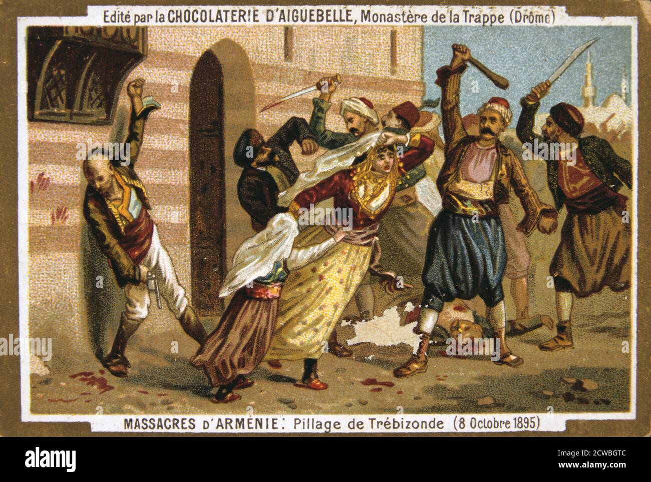 Pillage of Trebizond, 8 October 1895. Carnage in Trebizond or Trabzon,Turkey. Scene from the Massacres of Armenia card series produced by the chocolate factory at the Monastery of Aiguebelle. Stock Photo