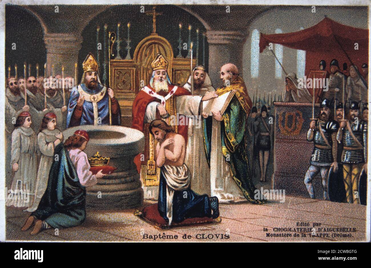 Baptism of Clovis, 496 AD, (19th century). Clovis I (c466-511 AD), King of the Franks, converted to Christianity and was baptized in 496 AD. Card from a series produced by the chocolate factory at the Monastery of Aiguebelle. Stock Photo