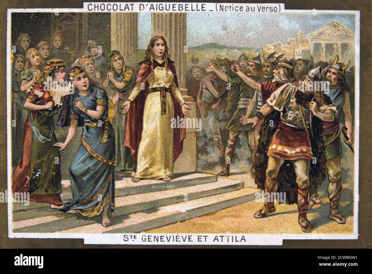 Saint Genevieve and Attila, c451 AD, (19th century). St Genevieve (419-512 AD), the patron saint of Paris, prevents Attila the Hun (406-453 AD) from attacking the city. Card from a series produced by the chocolate factory at the Monastery of Aiguebelle. Stock Photo