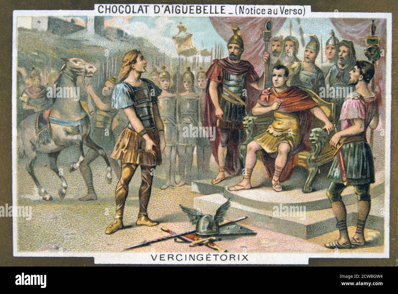 Vercingetorix surrenders to Julius Caesar, c46 BC, (19th century). Gallic chieftain Vercingetorix (died 46 BC) was defeated and captured by Julius Caesar (100-44 BC) at Alesia (near Dijon in France). Vercingetorix was taken to Rome, where he was humiliated by being paraded as evidence of Rome's greatness, and was then put to death. Card from a series produced by the chocolate factory at the Monastery of Aiguebelle. Stock Photo