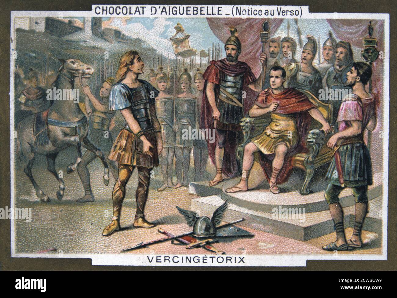 19th century Picture card, showing Vercingetorix surrendering to Julius Caesar, c 46 BC. The Gallic chieftain Vercingetorix (died 46 BC) and was defeated and captured by Julius Caesar (100-44 BC) at Alesia (near Dijon in France). Vercingetorix was taken to Rome, where he was humiliated by being paraded as evidence of Rome's greatness, and was then put to death. Stock Photo