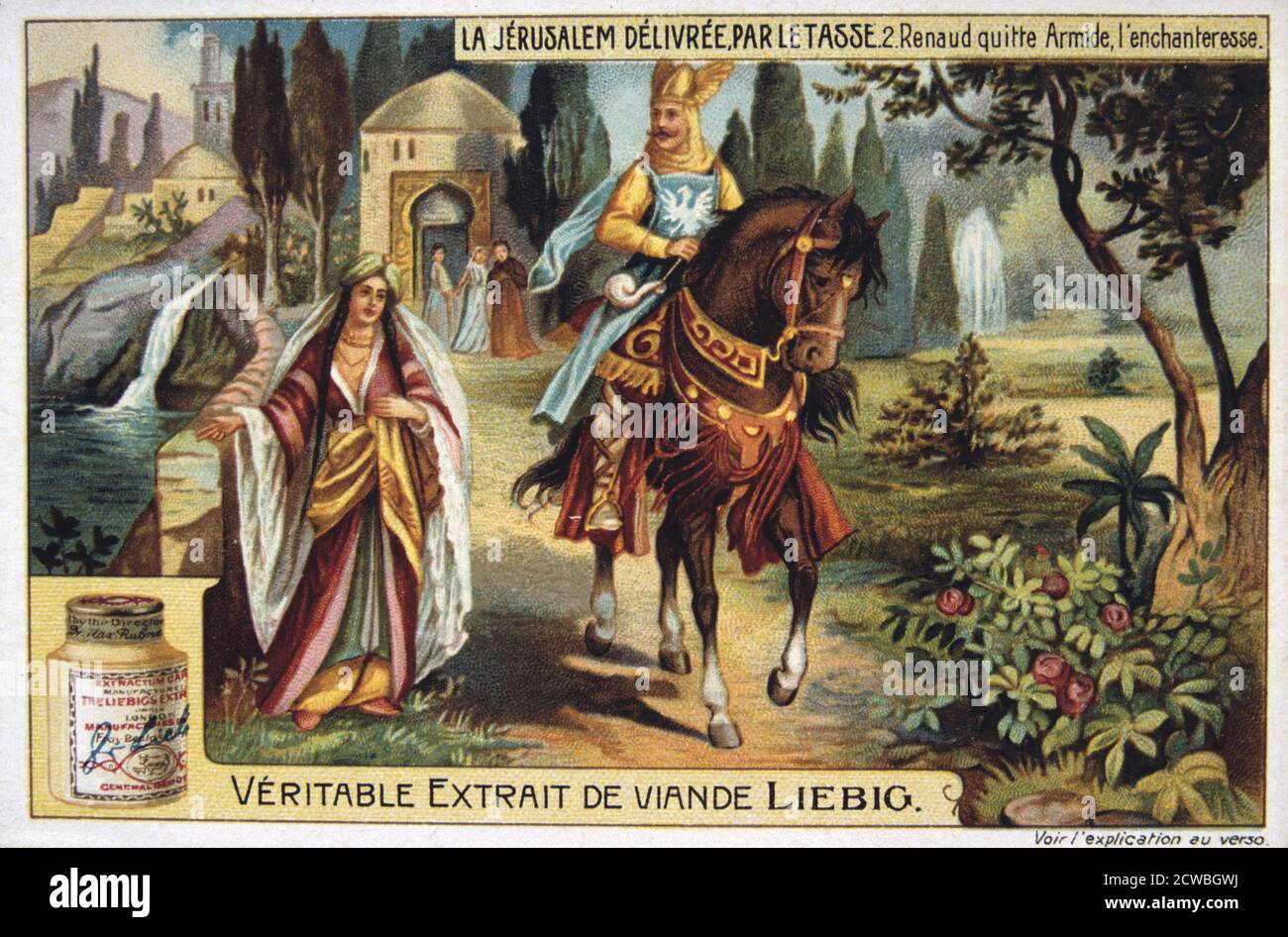 La Jerusalem deliveree par le Tasse, Renaud leaves Armide, the enchantress. 19th Century. Colour Lithograph. Private collection. Stock Photo