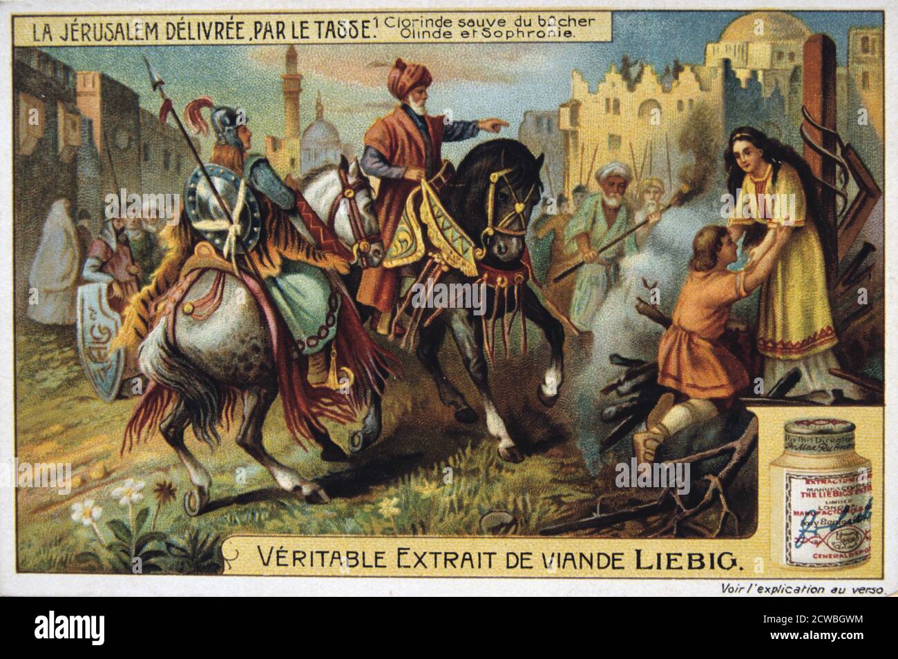 La Jerusalem deliveree par le Tasse, Clorinde saved from burning. 19th Century. Colour Lithograph. Private collection. Stock Photo