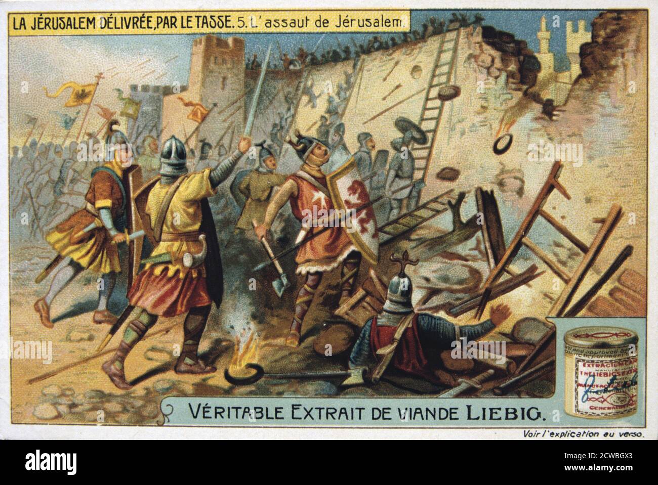 La Jerusalem deliveree par le Tasse, The assault on Jerusalem. 19th Century. Colour Lithograph. Private collection. Stock Photo