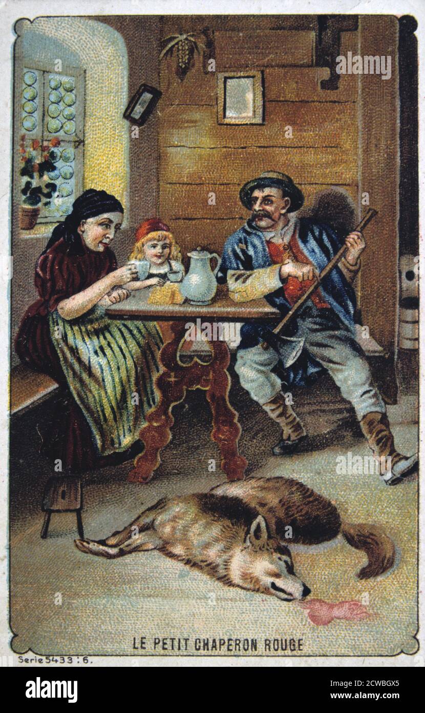 Little Red Riding Hood', 19th century. The woodcutter has killed the wolf with his axe. Stock Photo