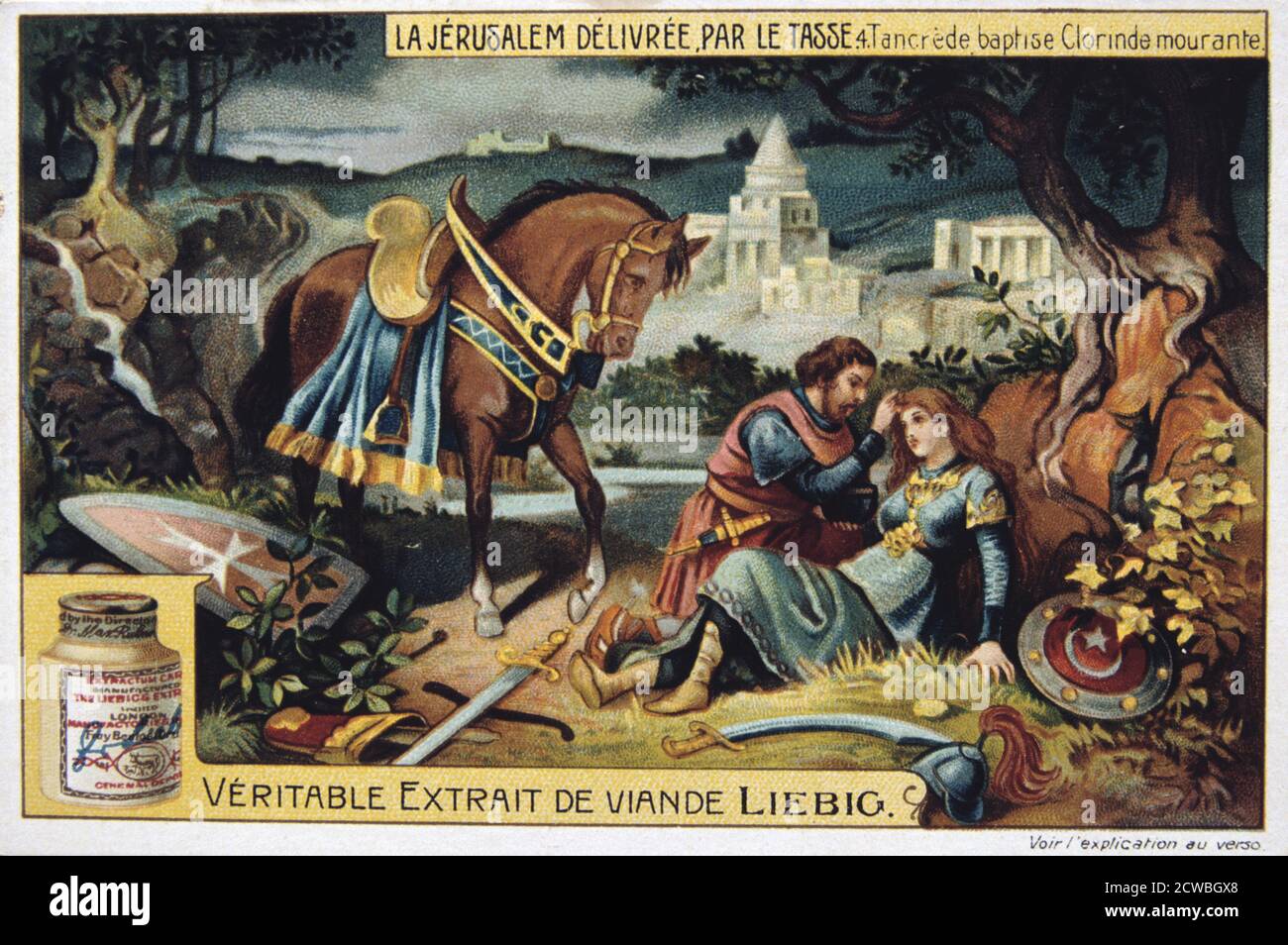 La Jerusalem deliveree par le Tasse, Tancrede baptises the dying Clorinde. 19th Century. Colour Lithograph. Private collection. Stock Photo