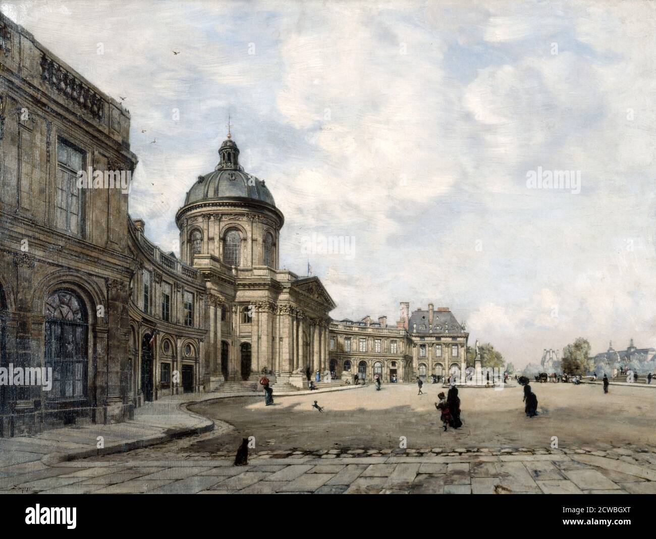 Institute of France', artist, Emmanuel Lansyer, Paris, France, 1887. Set up in 1795 to encompass the four (and later) five Academies to promote the perfection of arts and sciences in an interdisciplinary manner. Stock Photo