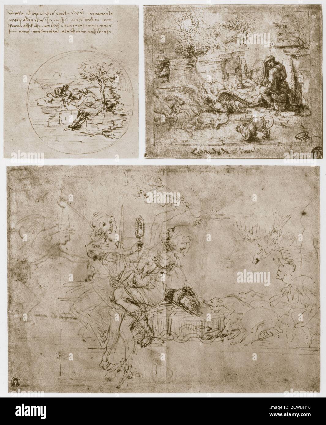 Allegories, by Leonardo da Vinci, 15th century. Top left: 'Allegory of the Lizard', c1495, from the collection of the Metropolitan Museum of Art, New York, U.S.A.; top right: 'Allegory of the Mirror and the Fighting Animals', 1492-1494, from the collection of the Louvre, Paris, France; bottom: 'Political Allegory', 1483-1485, from the collection of the Christ Church Library, Oxford, England. Stock Photo