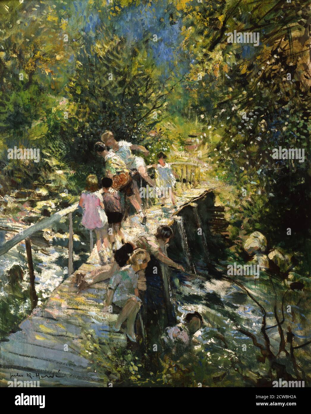 Playing By the Stream, circa 1930 by Jules Rene Herve, French impressionist painter, 1887-1981. Oil on canvas Stock Photo