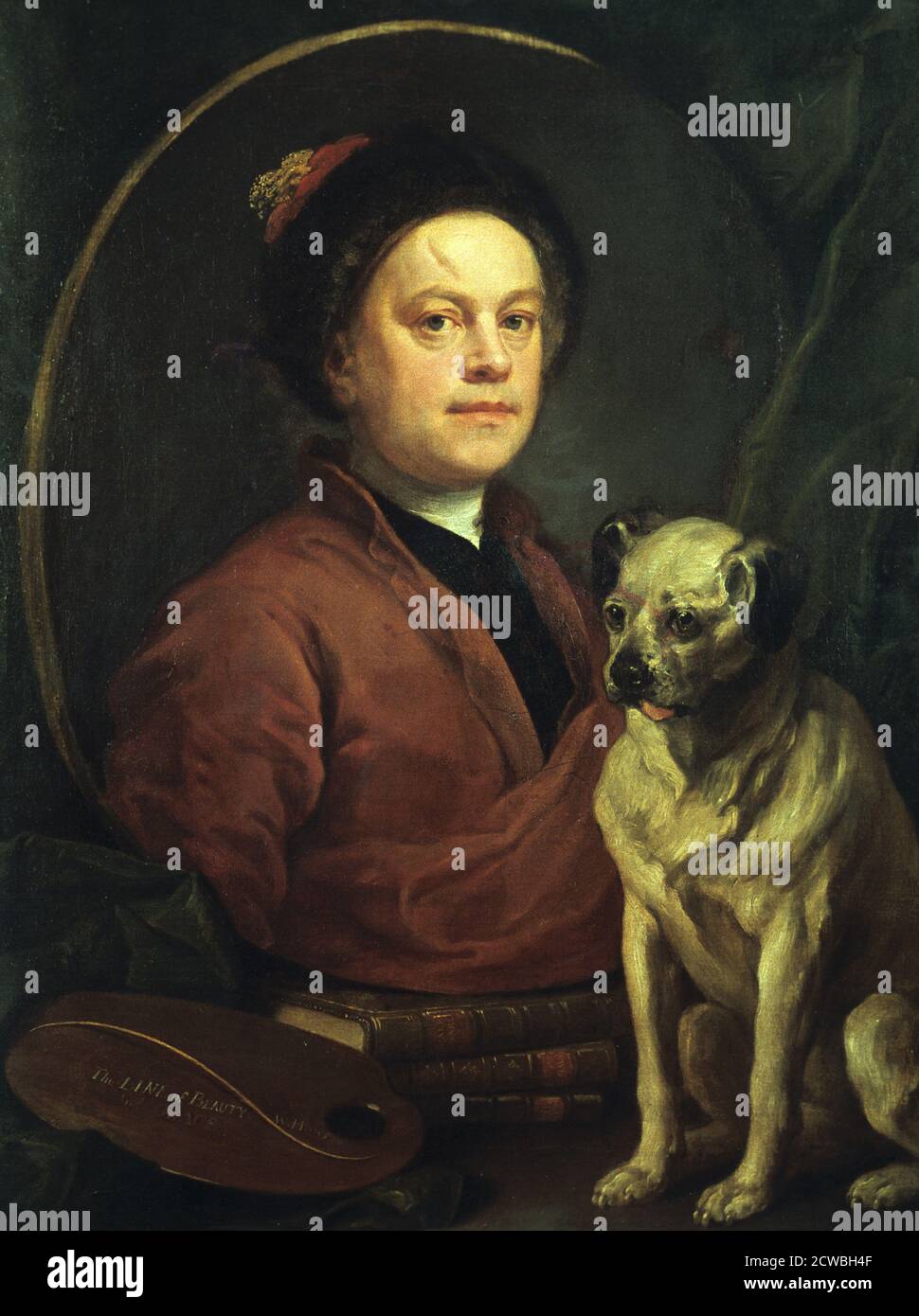 The Painter and his Pug ' by william Hogarth, 1745. The portrait deliberately projects a guide to the way Hogarth wanted others to think of him. The artist's painting in informal dress rests on a pile of books labelled (in the finished engraving) Shakespeare, Milton and Swift. William Shakespeare and John Milton were generally acknowledged to be the greatest modern English authors and Jonathan Swift was a vigorous modern satirist. The palette and graver represent Hogarth's twin roles as painter and engraver and the 'Line of Beauty' alludes to his favourite art theory. The only living object in Stock Photo