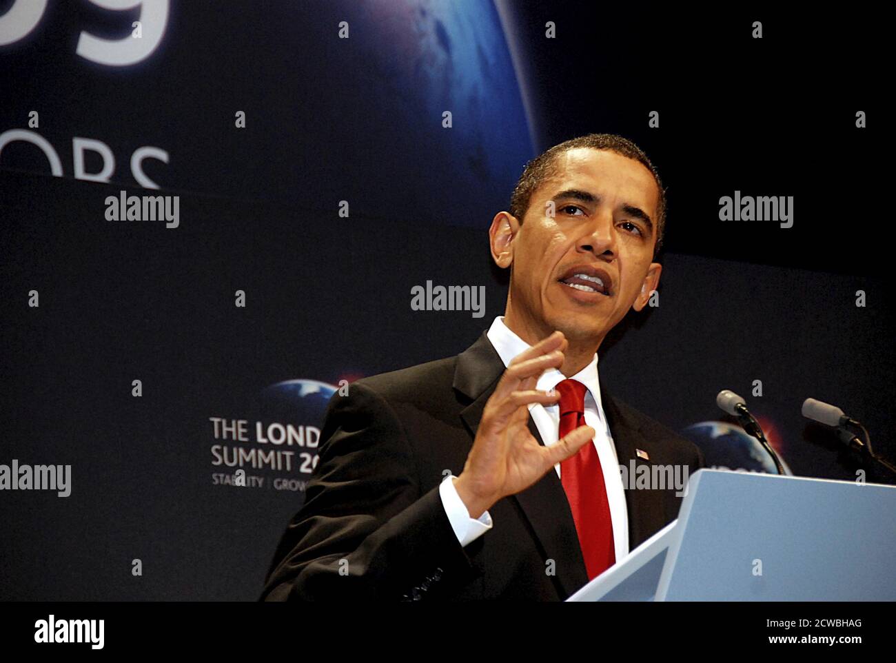 Photograph of Barack Obama speaking at the 2009 G20 London Summit. Barack Hussein Obama II (1961-) an American attorney and served as the 44th President of the United States. Stock Photo