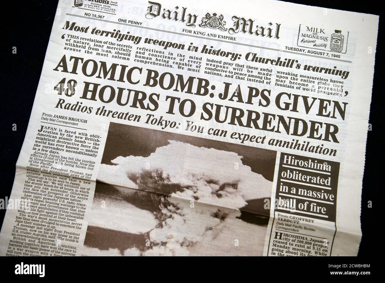 Front Page of the Daily Mail newspaper dated 7th 1945. the cover is a photograph taken after the bombing of Stock Photo - Alamy