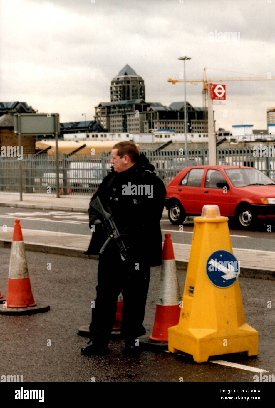 Photograph taken during the aftermath of the London Docklands bombing. The London Docklands bombing (also known as the South Quay bombing or erroneously referred to as the Canary Wharf bombing) occurred on 9 February 1996, when the Provisional Irish Republican Army (IRA) detonated a powerful truck bomb in South Quay (which is outside Canary Wharf). Stock Photo