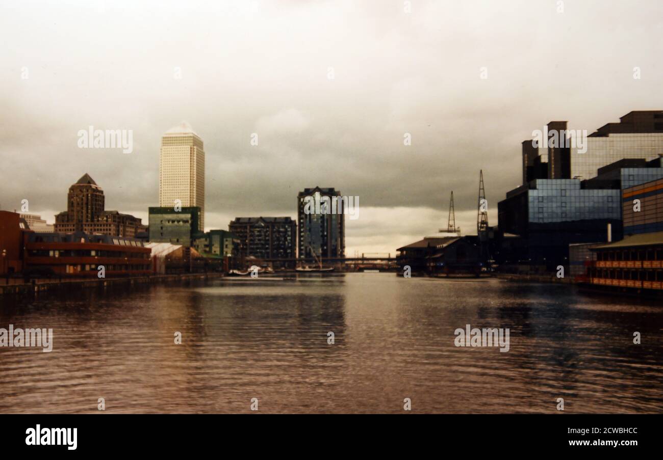 Photograph taken during the aftermath of the London Docklands bombing. The London Docklands bombing (also known as the South Quay bombing or erroneously referred to as the Canary Wharf bombing) occurred on 9 February 1996, when the Provisional Irish Republican Army (IRA) detonated a powerful truck bomb in South Quay (which is outside Canary Wharf). Stock Photo