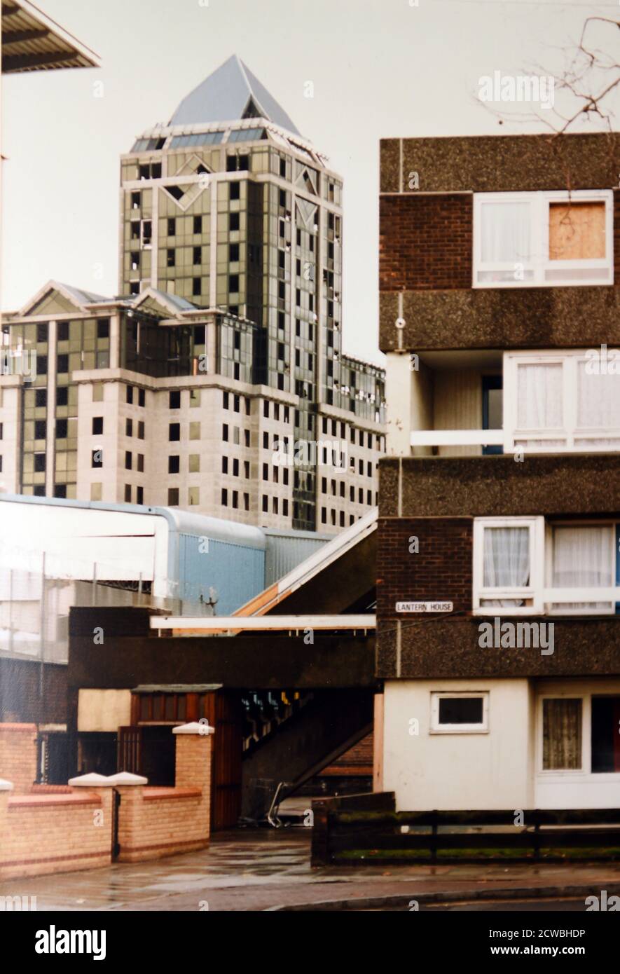 Photograph taken during the aftermath of the London Docklands bombing. The London Docklands bombing (also known as the South Quay bombing or erroneously referred to as the Canary Wharf bombing) occurred on 9 February 1996, when the Provisional Irish Republican Army (IRA) detonated a powerful truck bomb in South Quay (which is outside Canary Wharf). Stock Photo