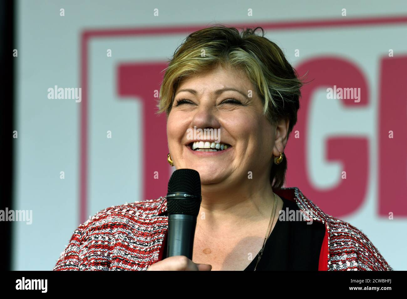 Photograph of Emily Thornberry speaking at the People's Vote demonstration. Emily Anne Thornberry (1960-) a British politician who has served in the Shadow Cabinet of Jeremy Corbyn as Shadow Secretary of State for Foreign and Commonwealth Affairs since 2016, and Shadow First Secretary of State since 2017. She is a candidate for Leader of the Labour Party in the 2020 leadership election Stock Photo