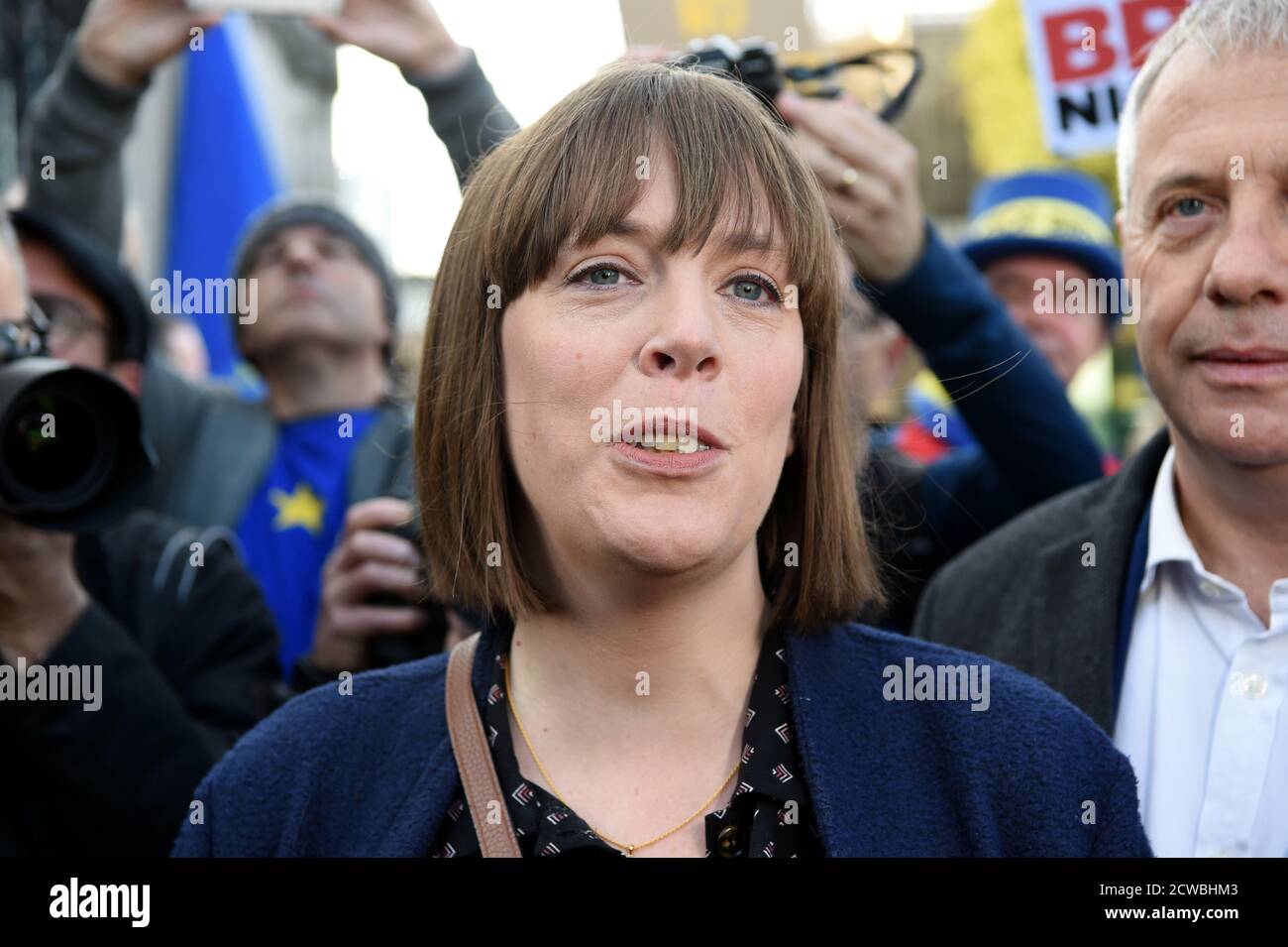 Photograph of Jess Philips speaking at a Pro-Remain march. Jessica Rose Phillips (1981-) a British Labour Party politician. She has served as the Member of Parliament for Birmingham Yardley since the 2015 general election. Stock Photo