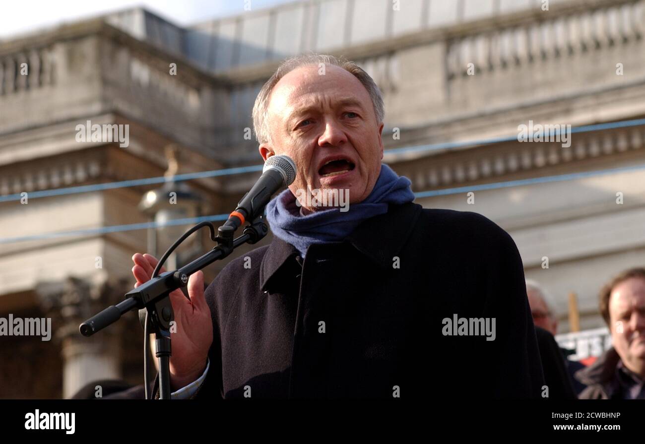 Photograph of Ken Livingstone speaking at an anti-Iraq War Rally. Kenneth Robert Livingstone (1945-) an English politician who served as the Leader of the Greater London Council from 1981 until the council was abolished in 1986, and as Mayor of London from the creation of the office in 2000 until 2008. He also served as the Member of Parliament for Brent East from 1987 to 2001 Stock Photo