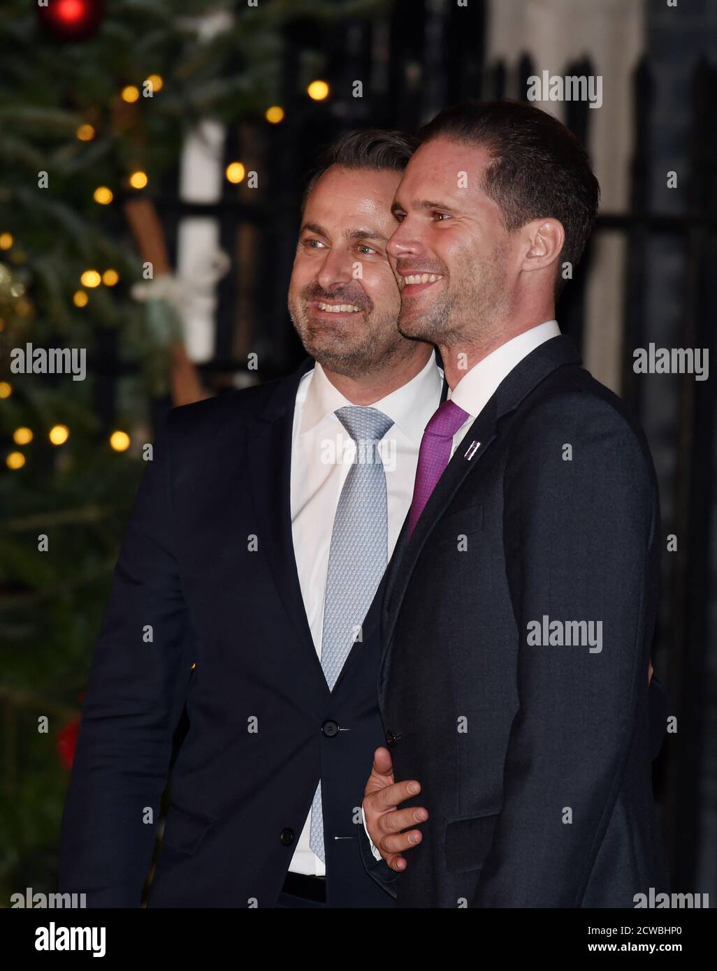Photograph of Xavier Bettel, with his husband Gauthier Destenay, attending the NATO Summit, London, December 2019 Stock Photo