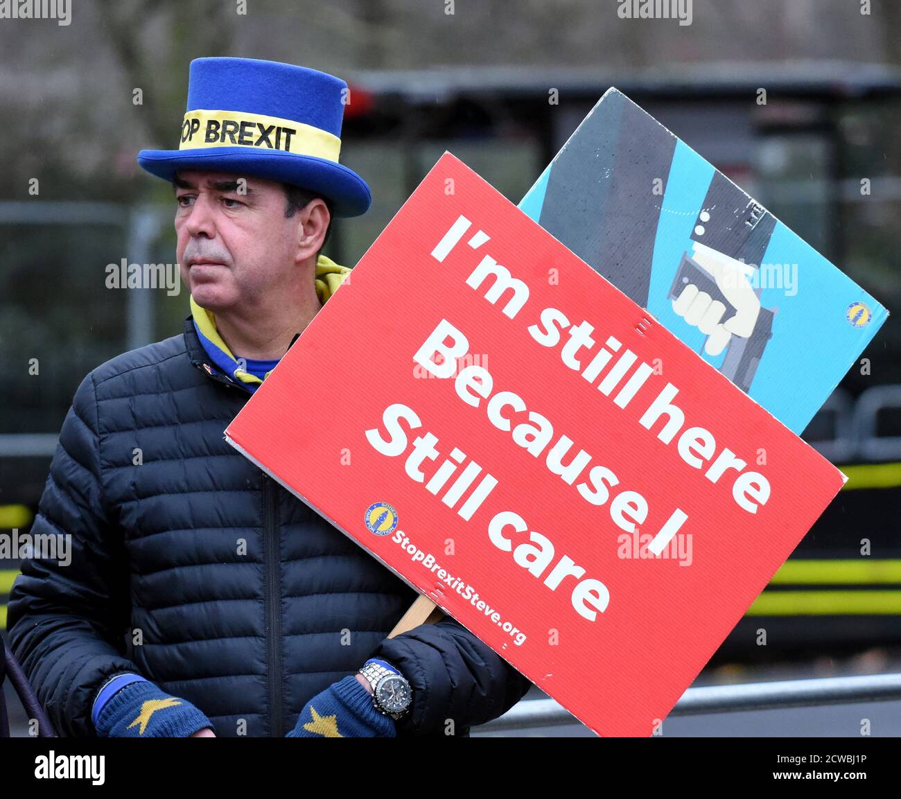 Photograph of Brexit activist Steve Bray from Port Talbot, South Wales. Bray made daily protests against Brexit in College Green, Westminster throughout 2018 and 2019. Stock Photo