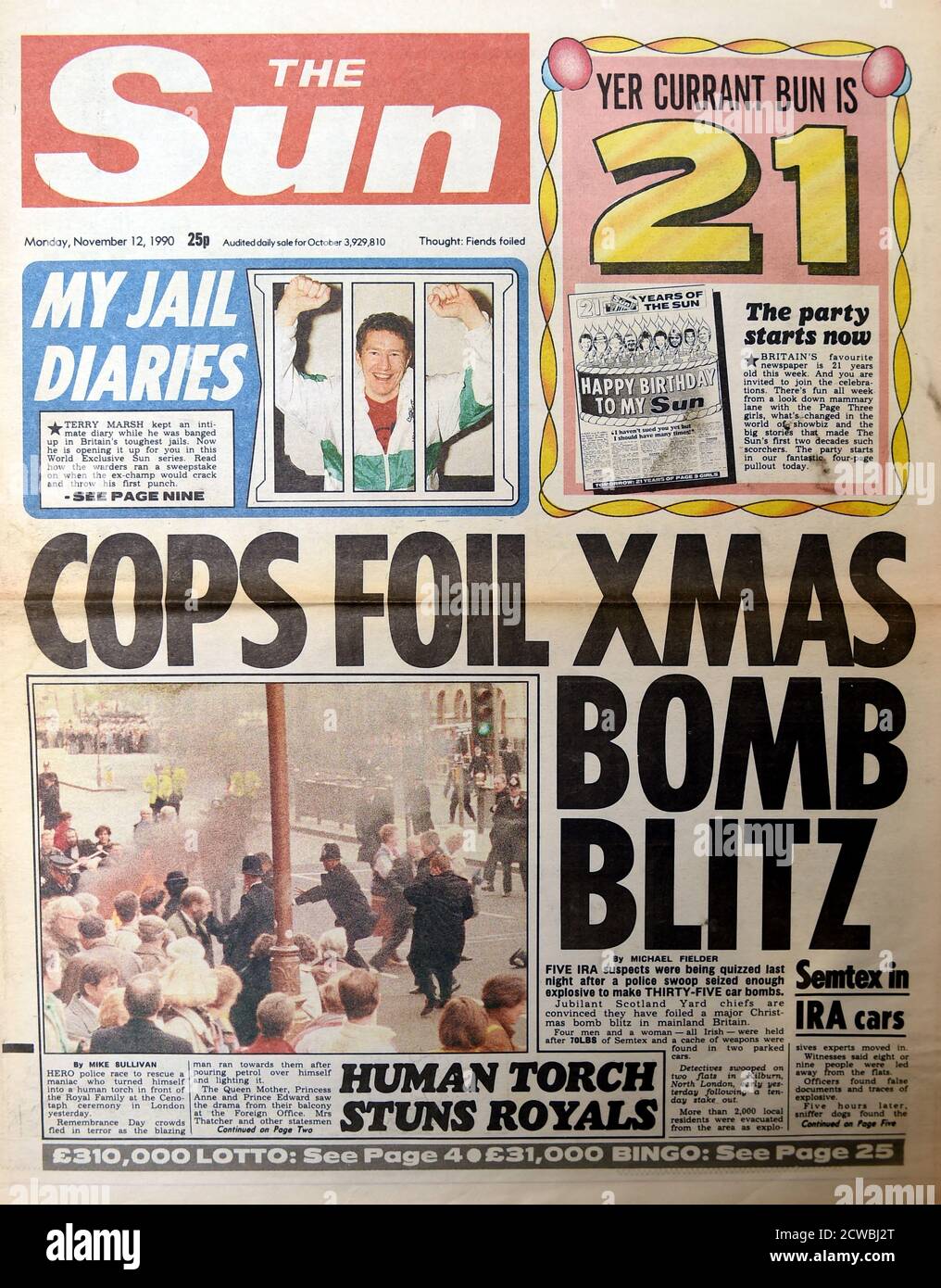 Front page of the Sun newspaper reporting on police foiling IRA attacks. Stock Photo