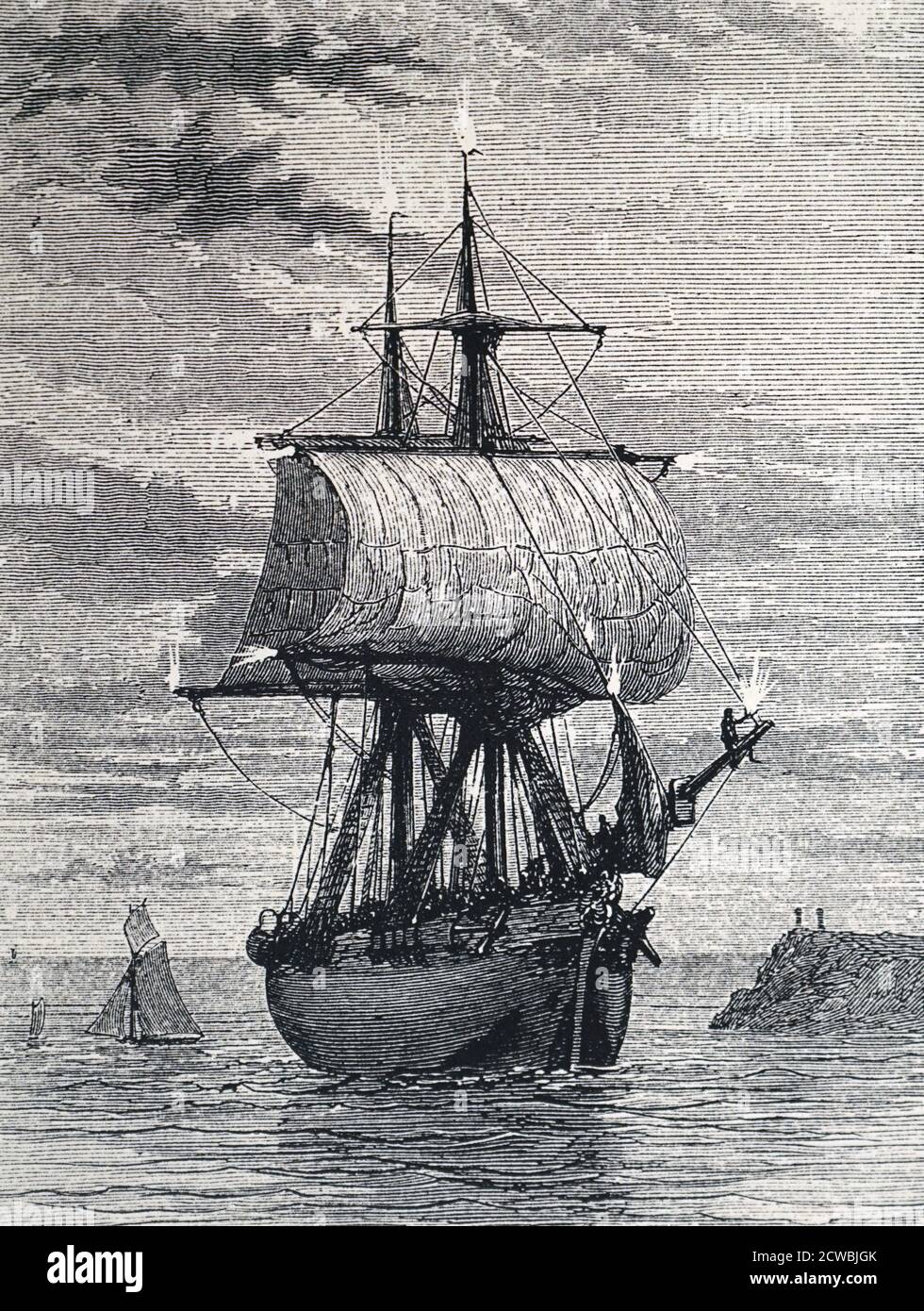 Engraving depicting St Elmo's fire appearing on a sailing ship's mast and spars. Stock Photo