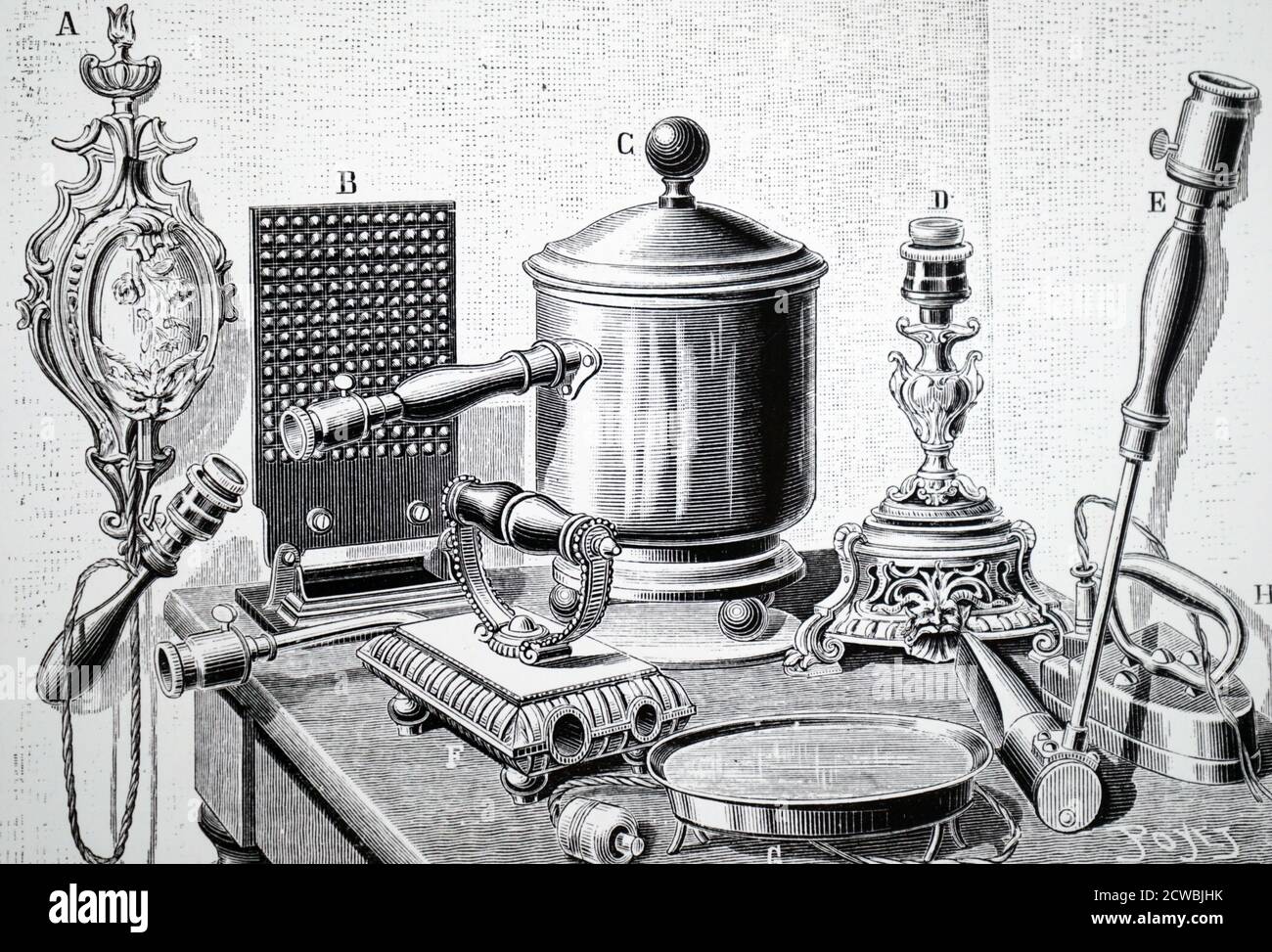 Engraving depicting various electrically powered heater appliances. A: Cigar lighter. B: Small electric heater. C: Bain-marie. D: Cigar lighter. E: Soldering iron. F: Heater for curling tongs. G: Frying pan. H: Iron. Stock Photo