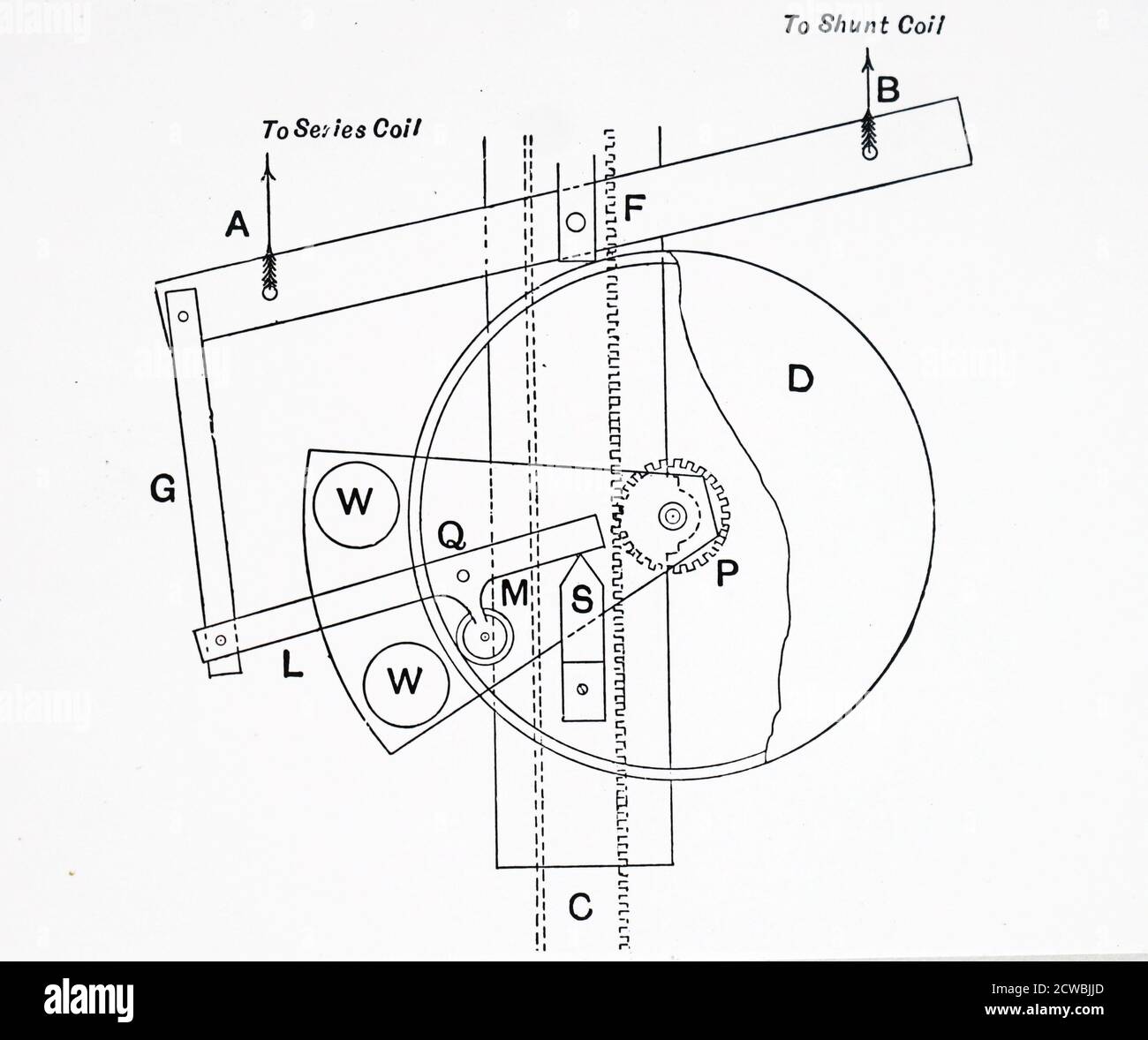 Engraving depicting the mechanism of a BrockiePell carbon arc lamp