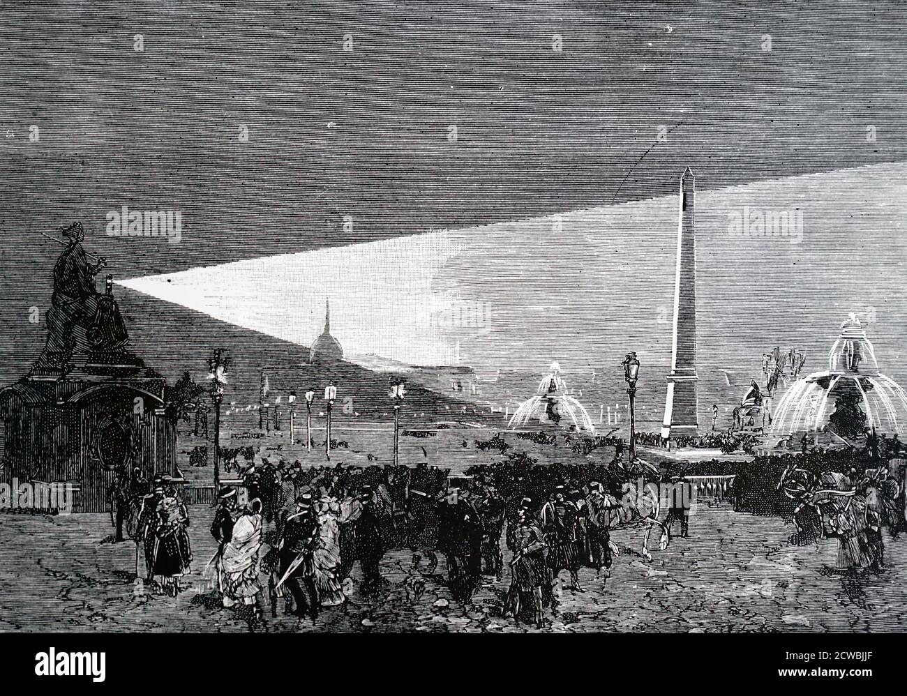 Engraving depicting the Place de la Concorde lit by a carbon arc lamp during a demonstration by Leon Foucault Stock Photo