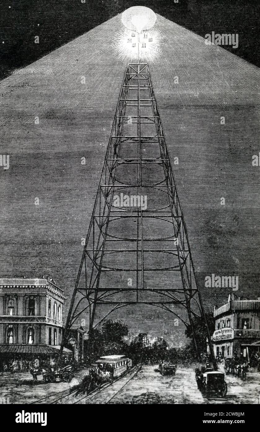 Engraving depicting an intersection of Santa Clara and Market Street, San Jose, California, lit by carbon arc lamps mounted on a tower. Lamps powered by Brush Dynamo. Stock Photo