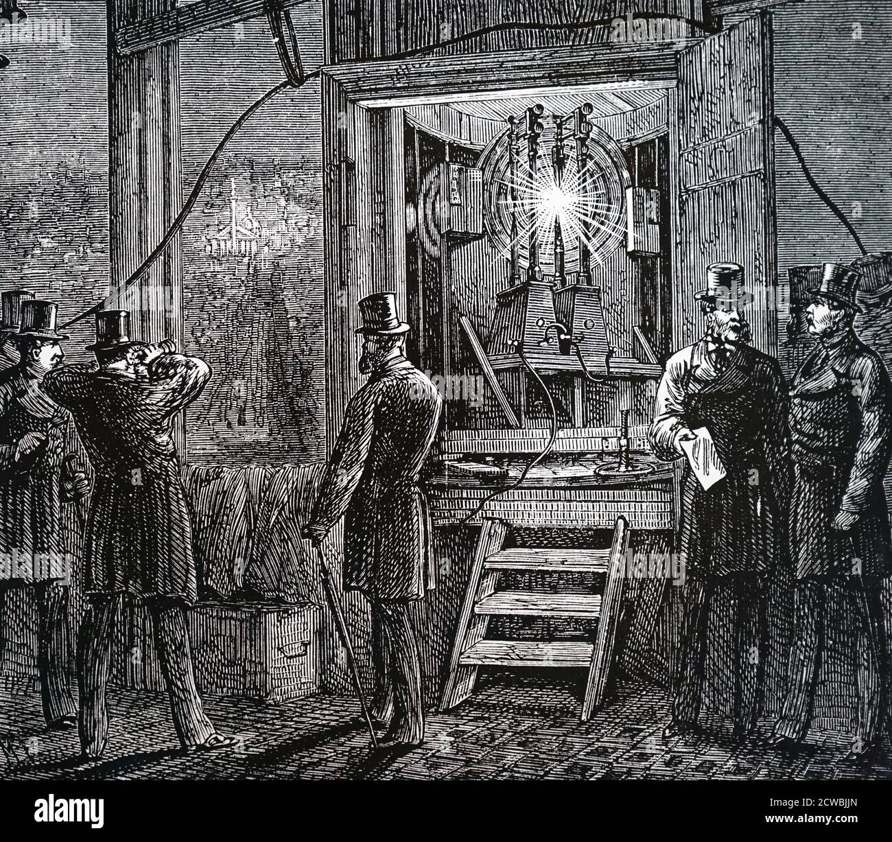 Engraving depicting a carbon arc lamp with Chance bros optics and powered by a Gramme dynamo, used to light the beacon on the top of the Victoria Clock Tower, Westminster. Stock Photo