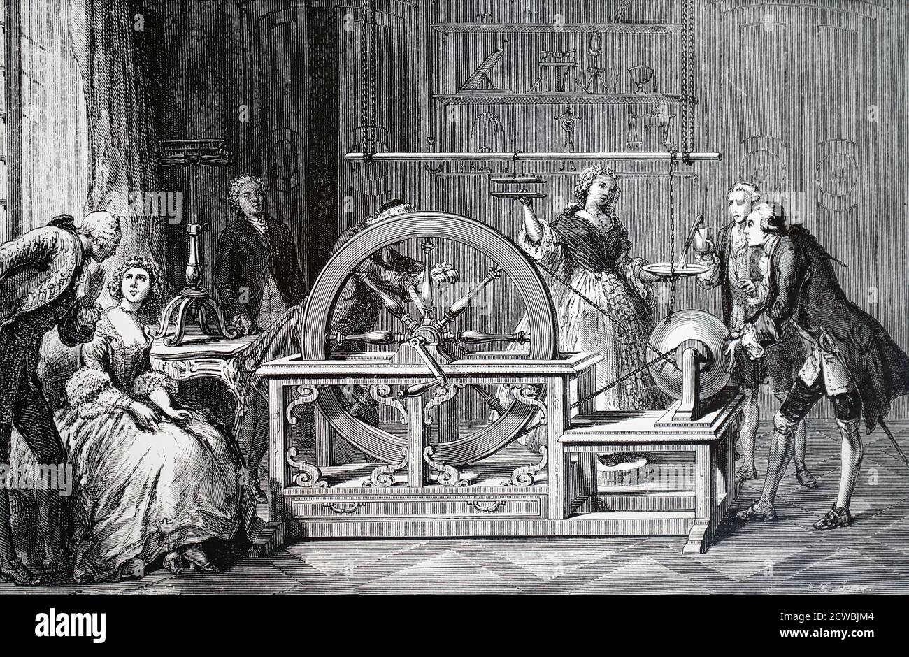 Engraving depicting Von Bose's version of von Guericke's static electric machine Stock Photo
