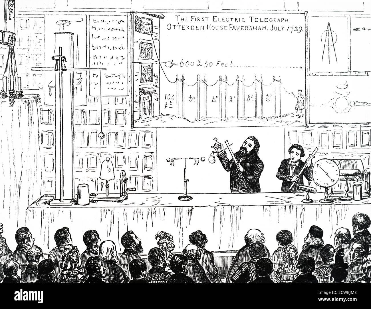 Engraving depicting Benjamin Ward Richardson lecturing at Charter House on Stephen Gray's work on electricity. Stock Photo