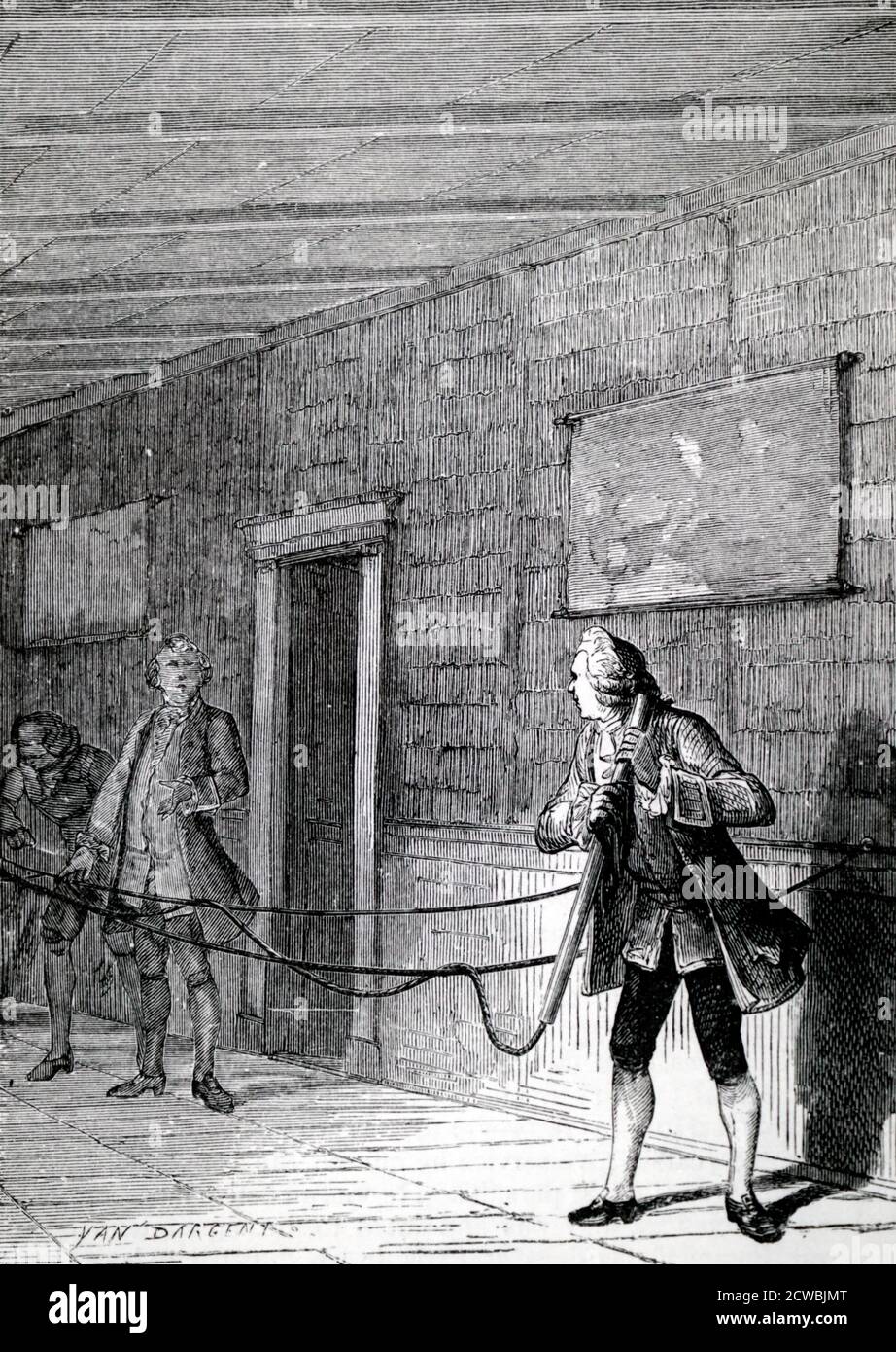 Engraving depicting Stephen Gray passing electricity from a glass globe