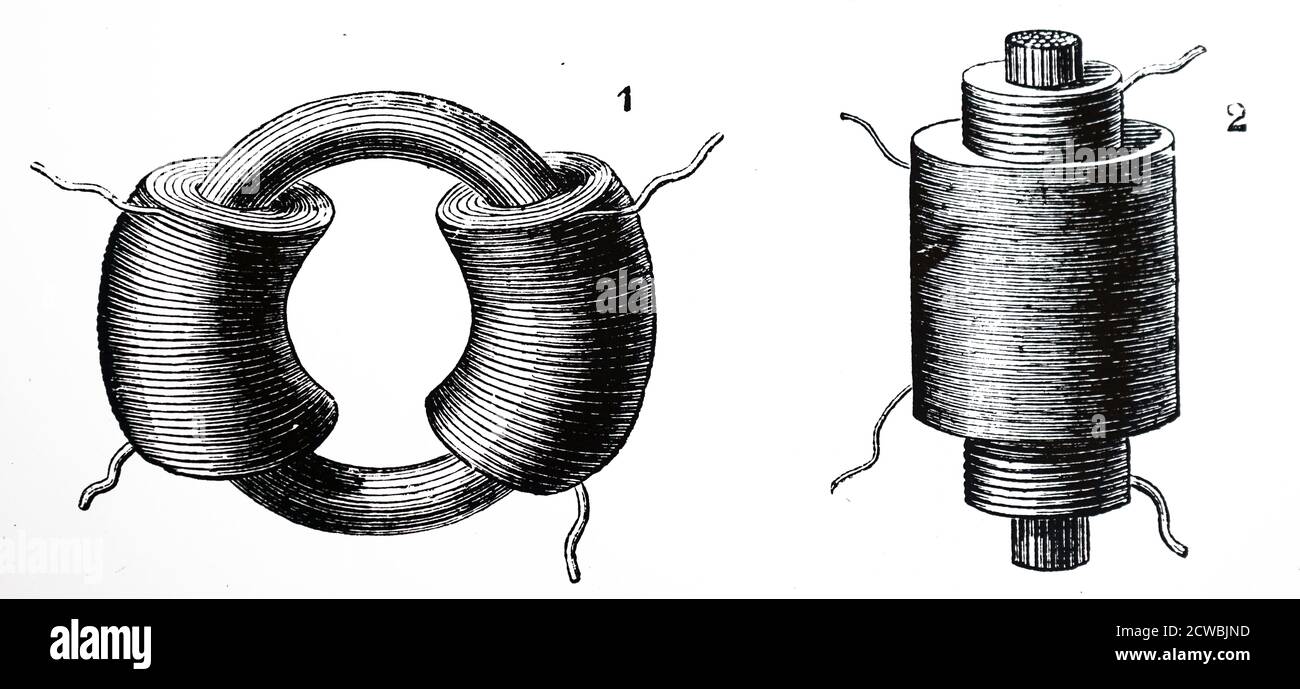 Engraving depicting early transformers: Left, Faraday's first (1831) model, based on a drawing in his notebooks: this was an iron ring wound with two separate coils of wire. Right, Masson and Ritchie's (1842) forerunner of the Ruhmkorff coil: this had a core of iron rods forming an 'open magnetic circuit'. Stock Photo