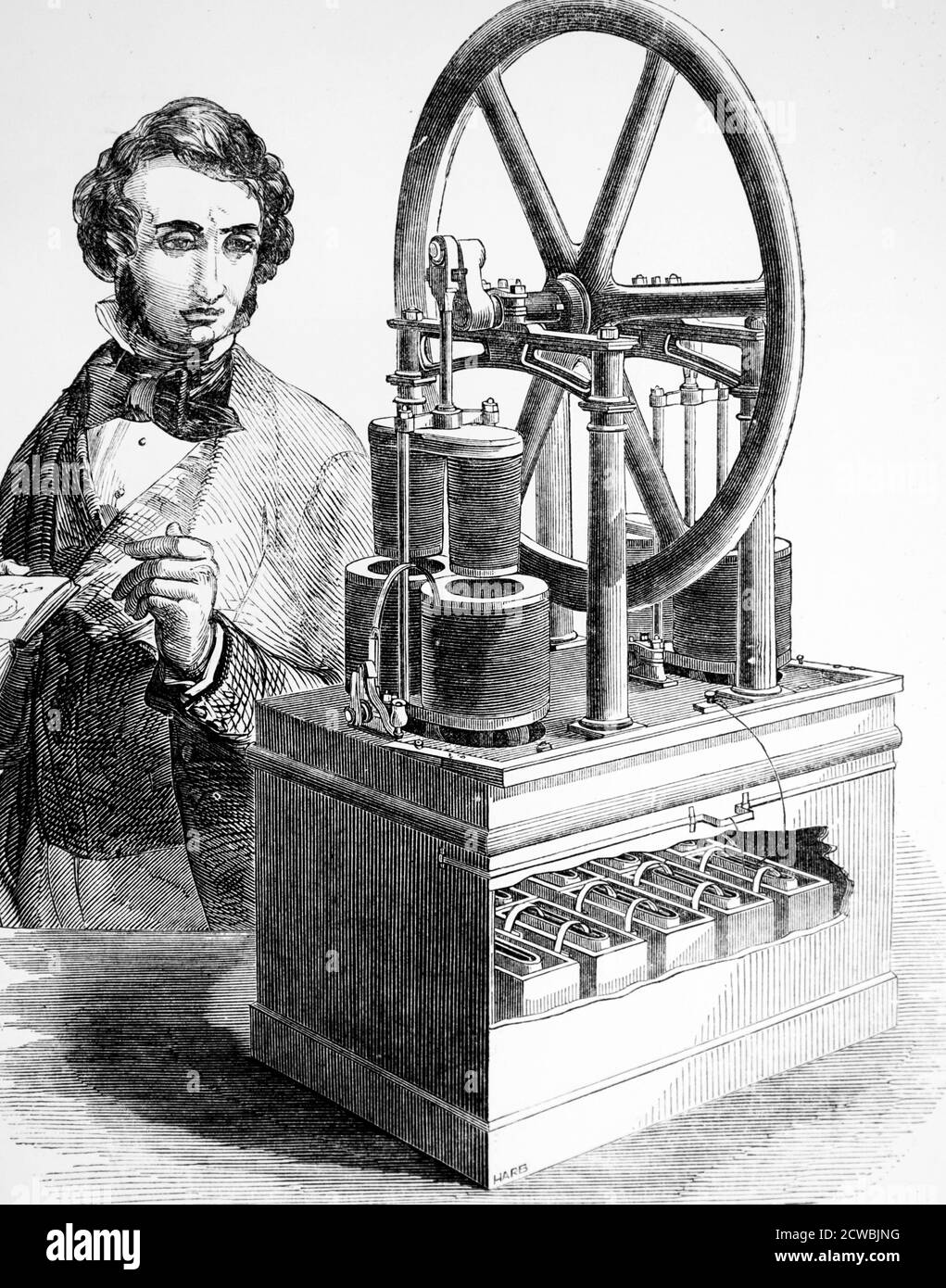 Engraving depicting Soren Hjorth's electromagnetic motor. Stock Photo