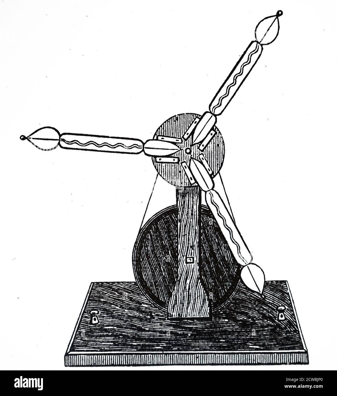 Engraving depicting Gassiot's star: two or more vacuum tubes were filled to a disc that revolved. Because the light is not a constant glow but a series of rapid discharges, and because the retina retains an image for a short while (persistence of vision), the light is seen as a wheel with spokes, and not as an all over luminous disc. Stock Photo