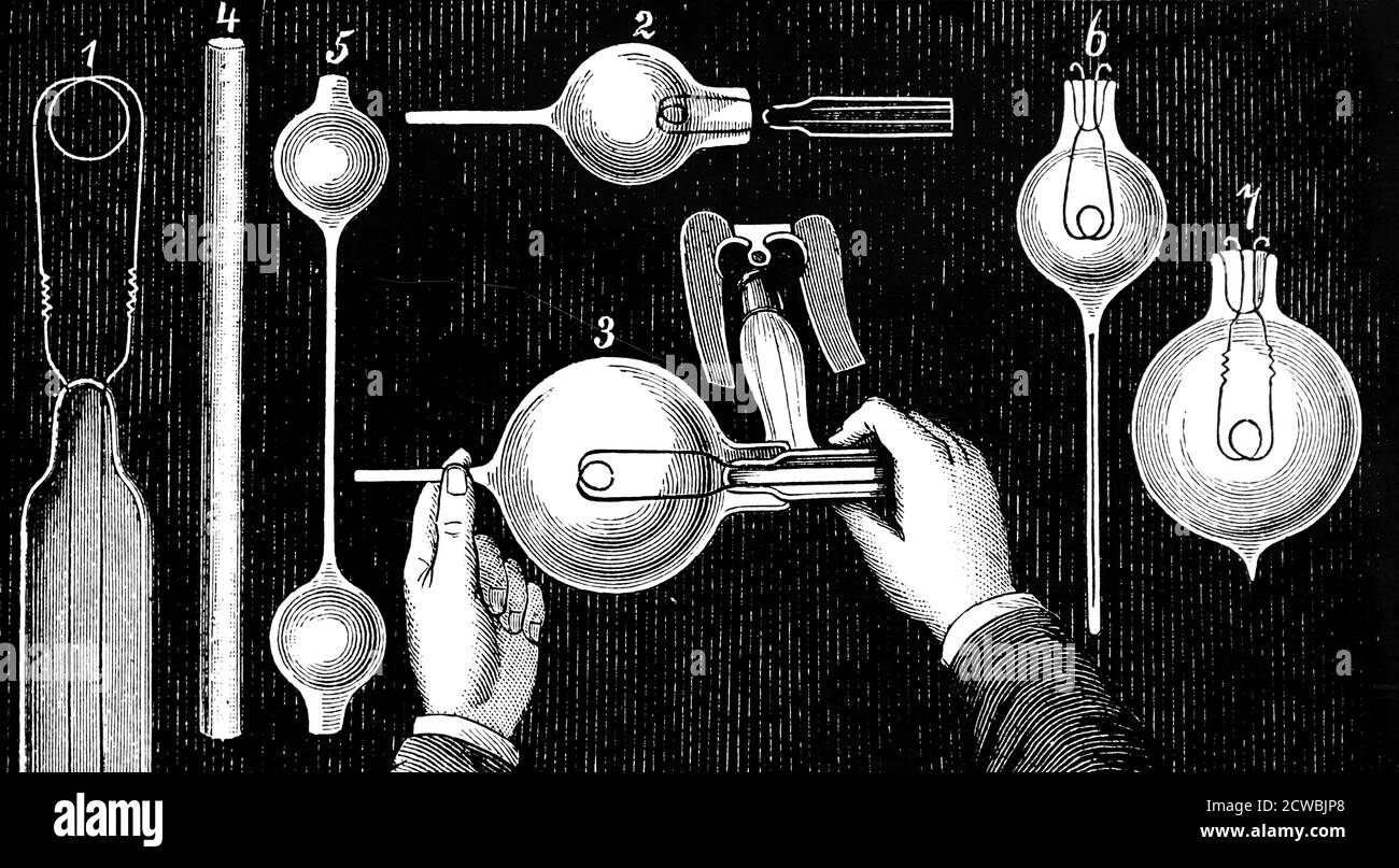 Engraving depicting the making of incandescent light bulbs. 1 Platinum