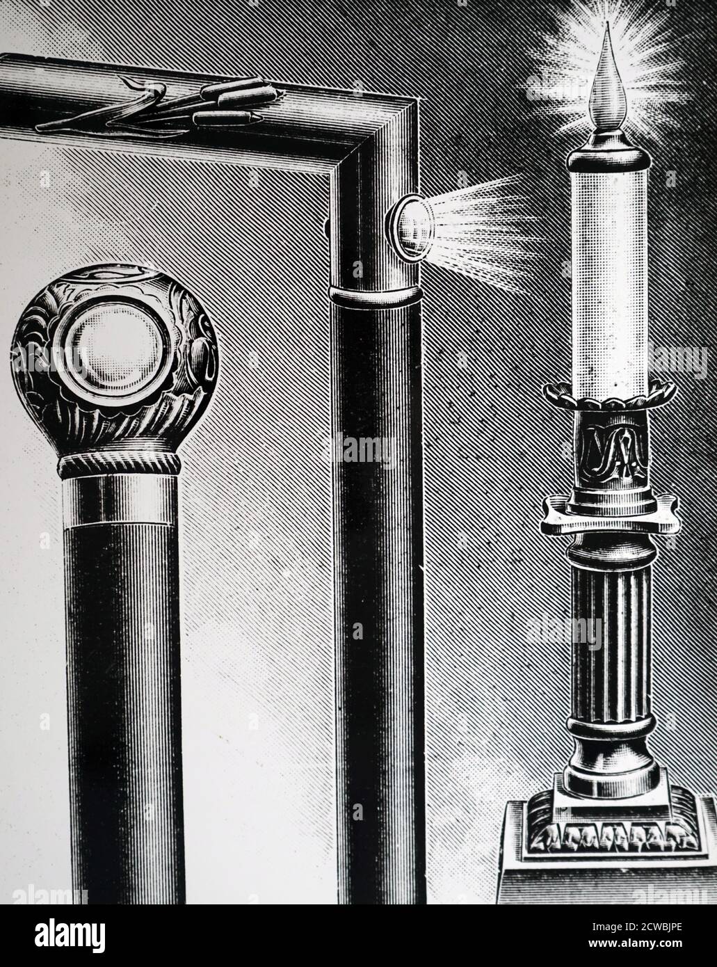 Engraving depicting various forms of electric torch by Henry Lenud. These were small incandescent bulbs powered by dry cells. Stock Photo