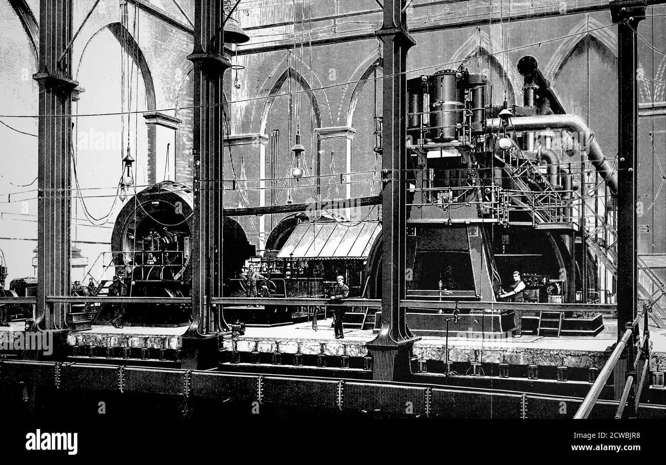 Engraving depicting the interior of the London Electricity Supply