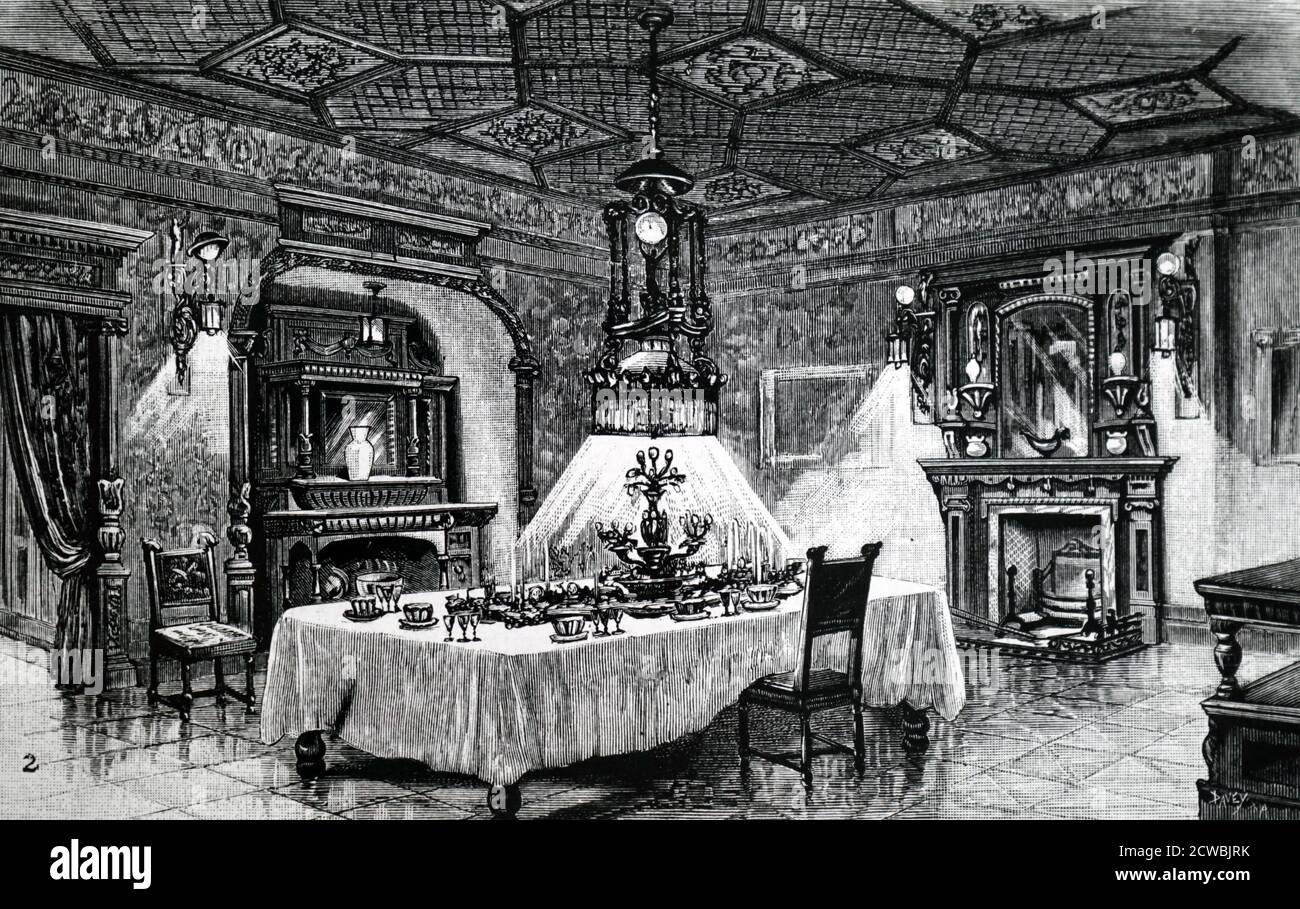 Engraving depicting a room fitted with electric light, as part of the Electrical Exhibition, Crystal Palace, London. Stock Photo