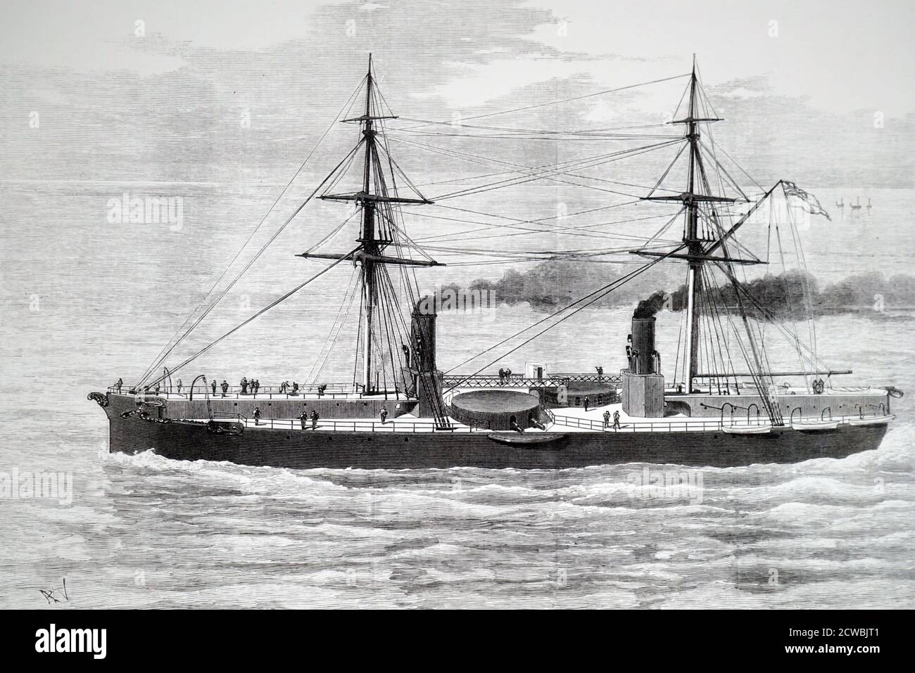 Engraving depicting the HMS Inflexible, launched 27th April 1876. In 1881 the Inflexible was the first ship in the British navy to be fitted with Swan lamps. Stock Photo