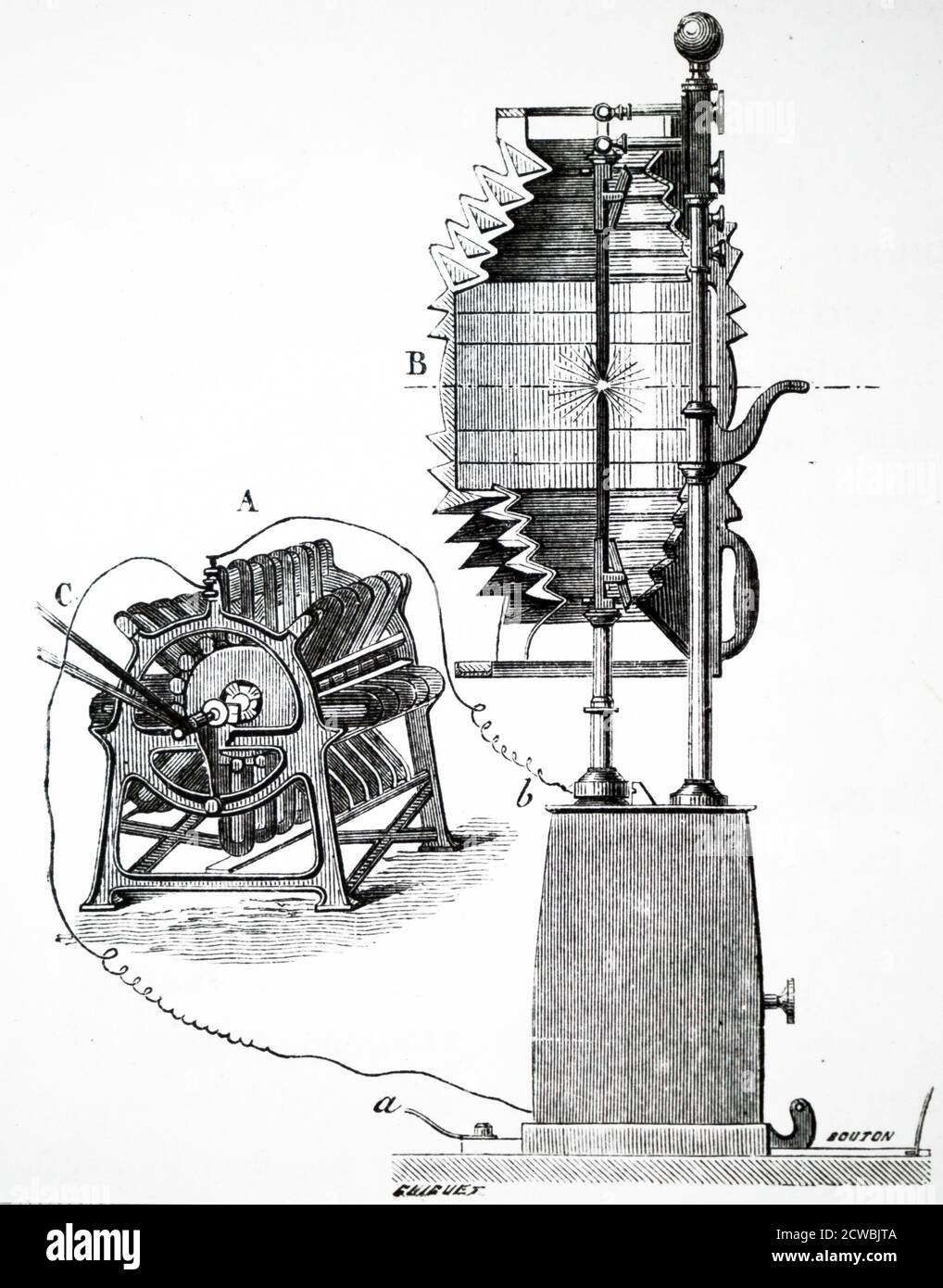 Engraving depicting an Alliance (Nollet) generator being used to power