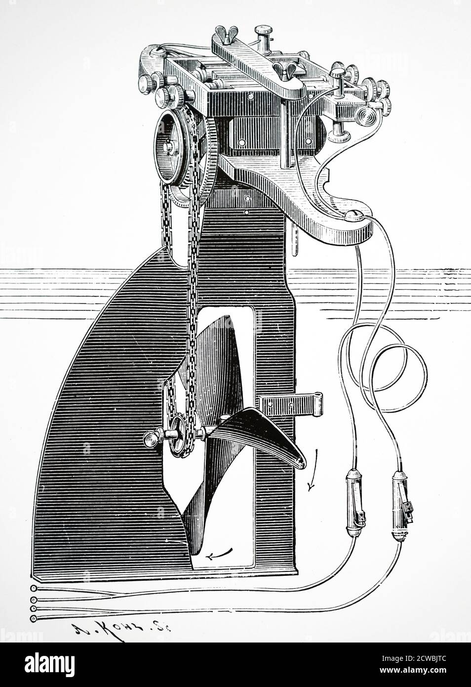 Engraving depicting Gustave Trouve's electric motor used to power the propeller of a launch through a chain drive. Exhibited at the International Exhibition of Electricity , Paris. Stock Photo