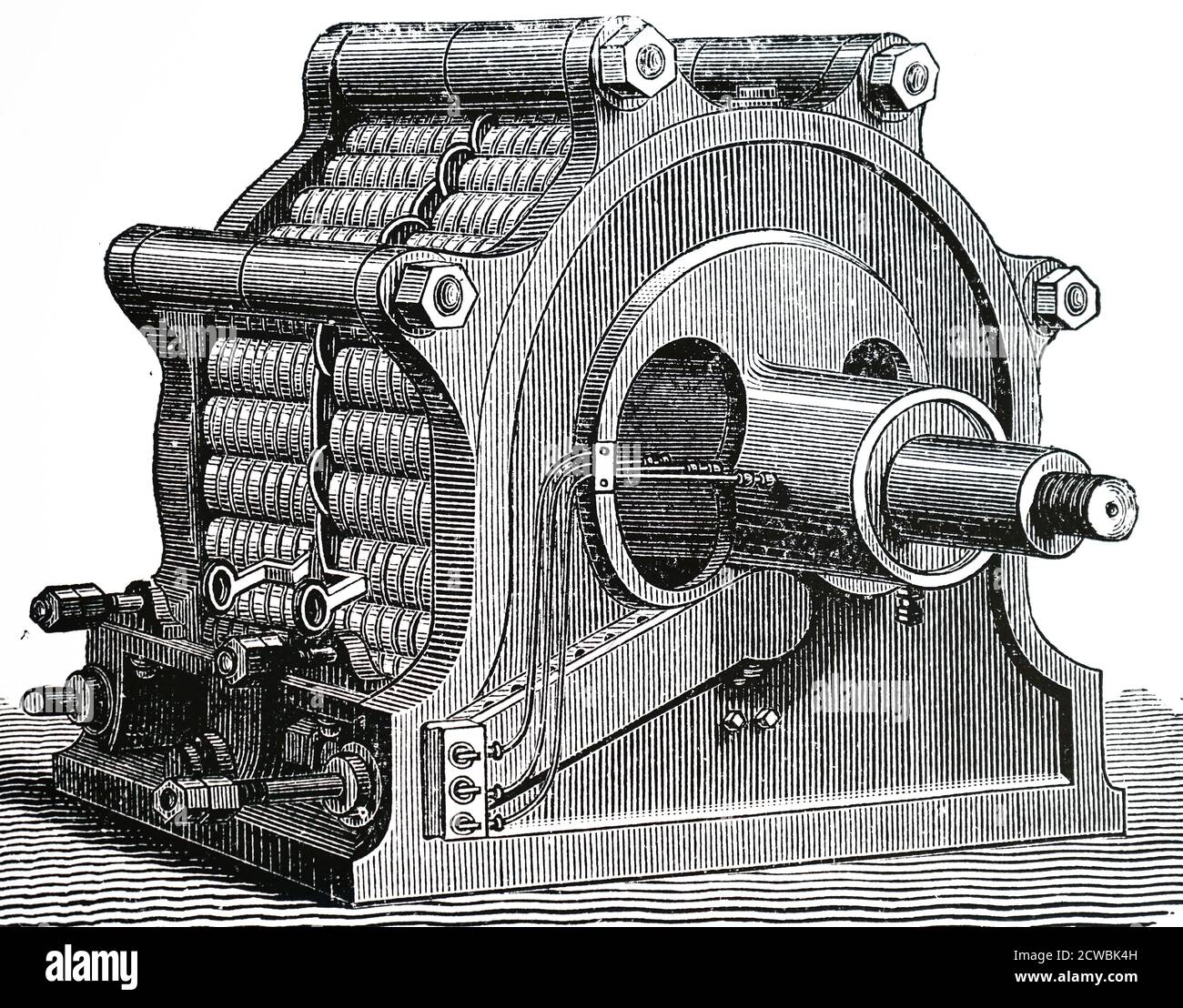 Engraving depicting a Ferranti-Thomson single-phase alternator (1884). Developed by William Thomson (Lord Kelvin), S. Z. de Ferranti and Alfred Thomson. Stock Photo