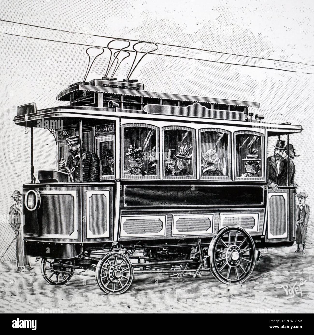 Engraving depicting an electric omnibus in Berlin with seating for 12 passengers inside, and standing room 6 at the rear. Fitted with 2 Siemens & Halske motors and 44 Pollak cells, it had a range of 16-18 km, but this was extended by partially recharging the batteries at bus stops using overhead lines as shown. Stock Photo