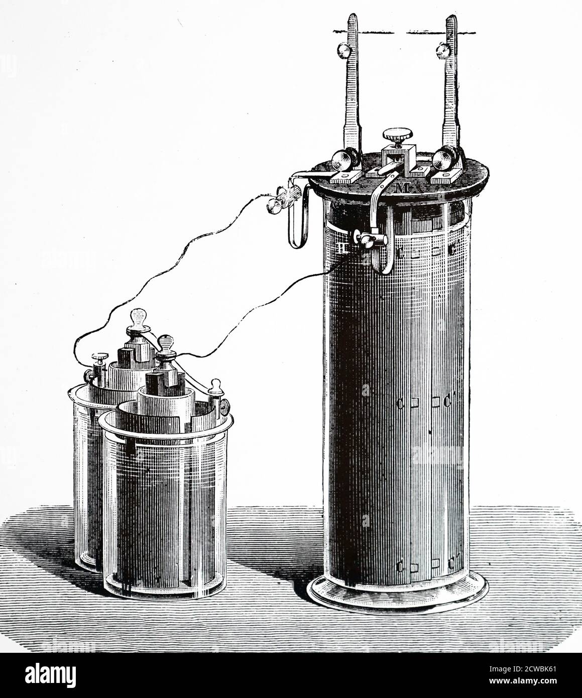 Engraving depicting a secondary battery. Plante cell (accumulator) of 1860: glass vessel containing spiral lead plates in dilute sulphuric acid. Shown here being charged by two Bunsen cells. Stock Photo