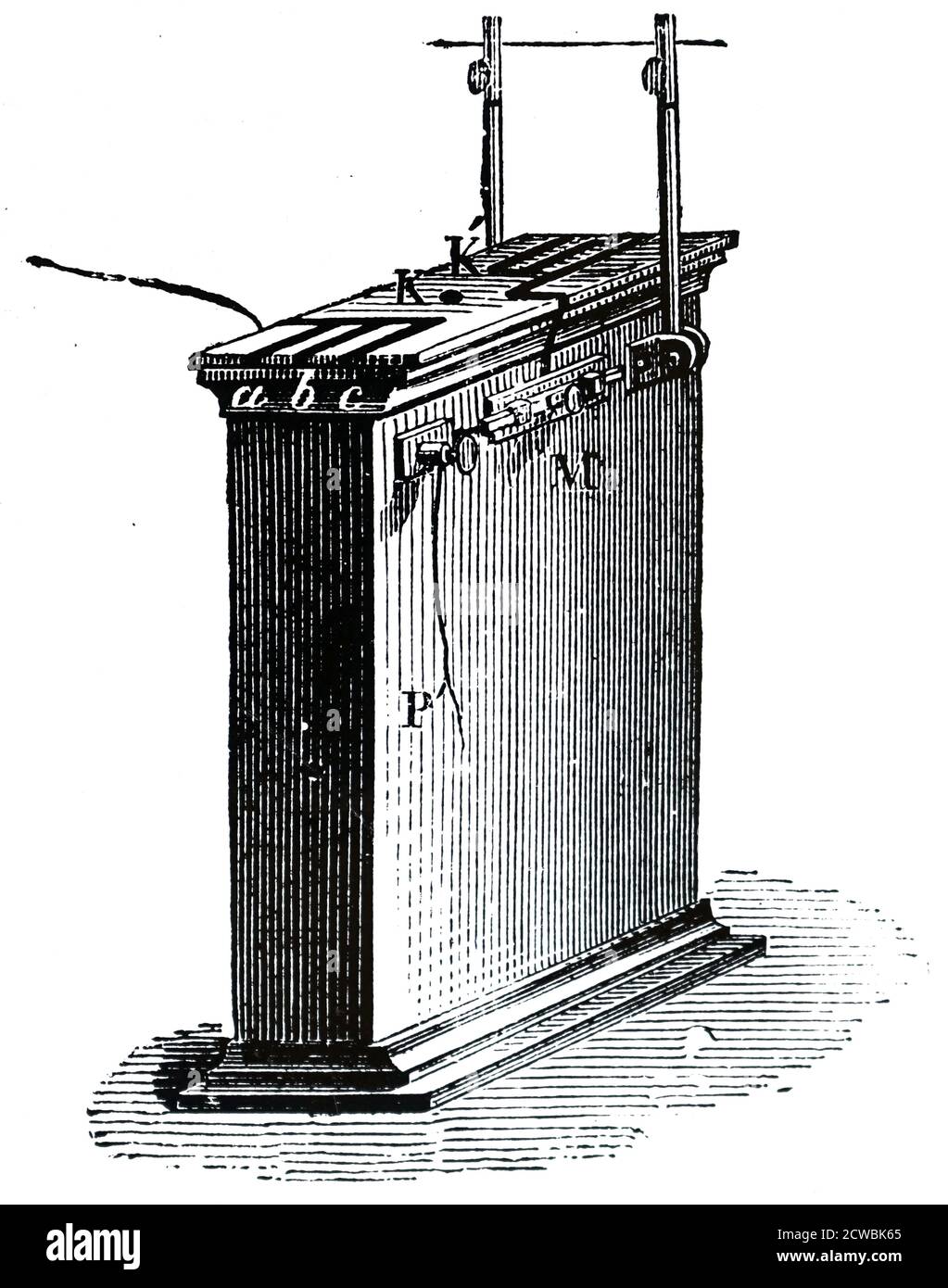 Engraving depicting a secondary battery. Battery of rectangular form of Plante cells (accumulator). Stock Photo